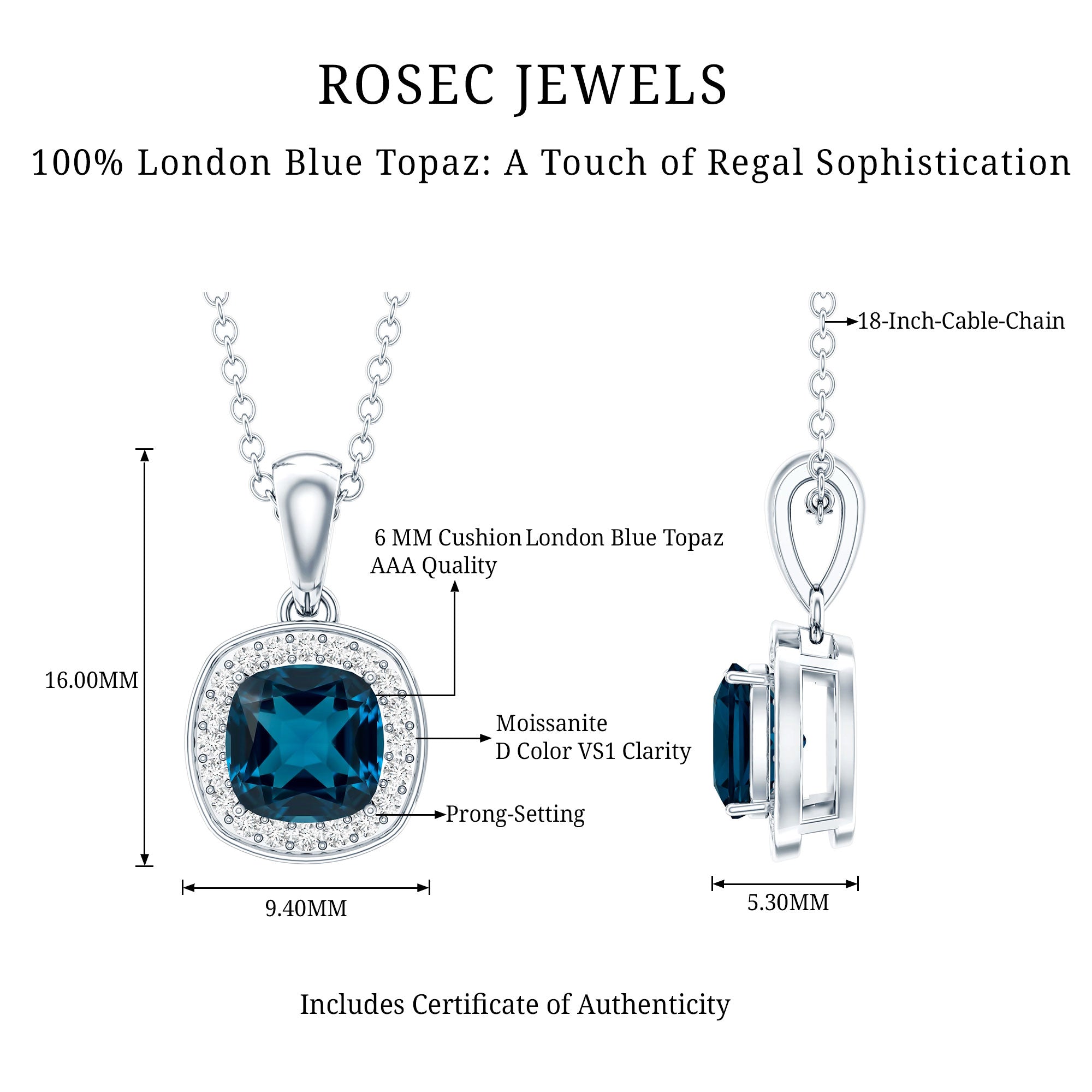 Natural 1 Carat London Blue Topaz Necklace with Chain AAA 92.5 Sterling Silver - Rosec Jewels