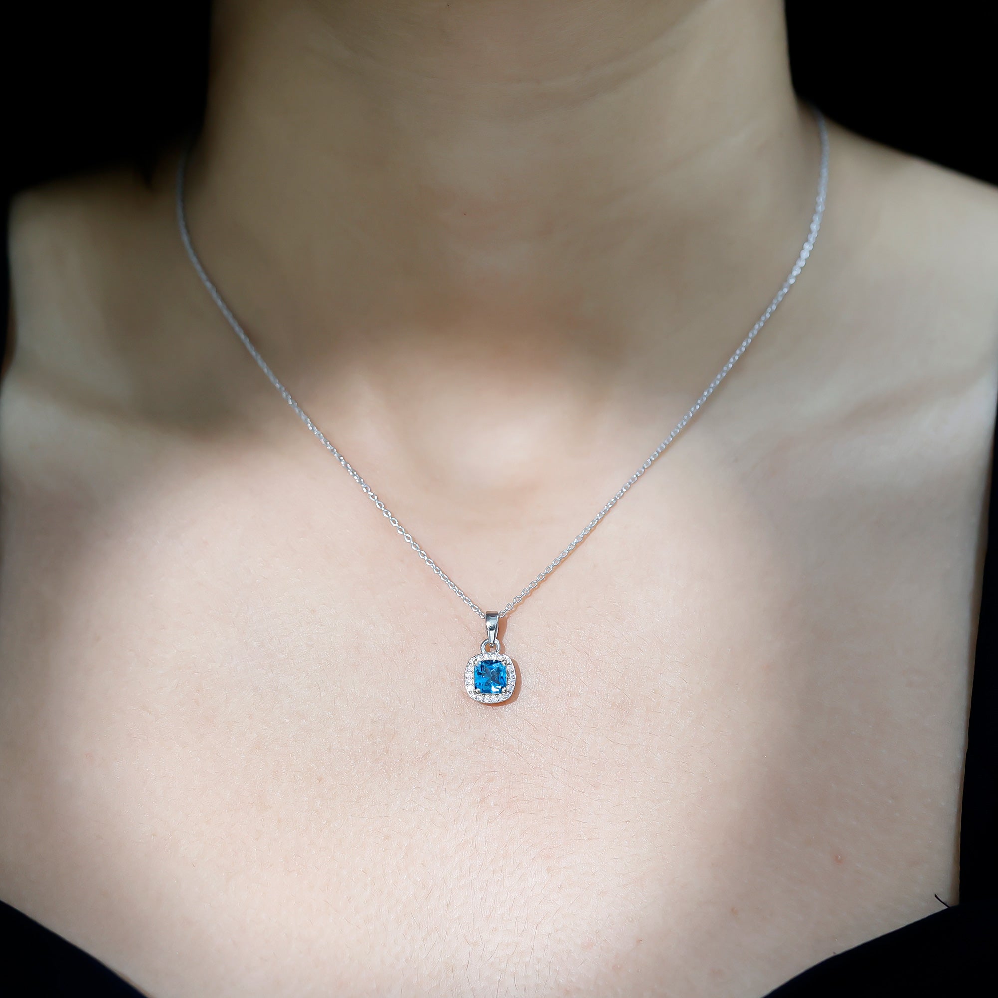 Natural 1 Carat London Blue Topaz Necklace with Chain AAA 92.5 Sterling Silver - Rosec Jewels