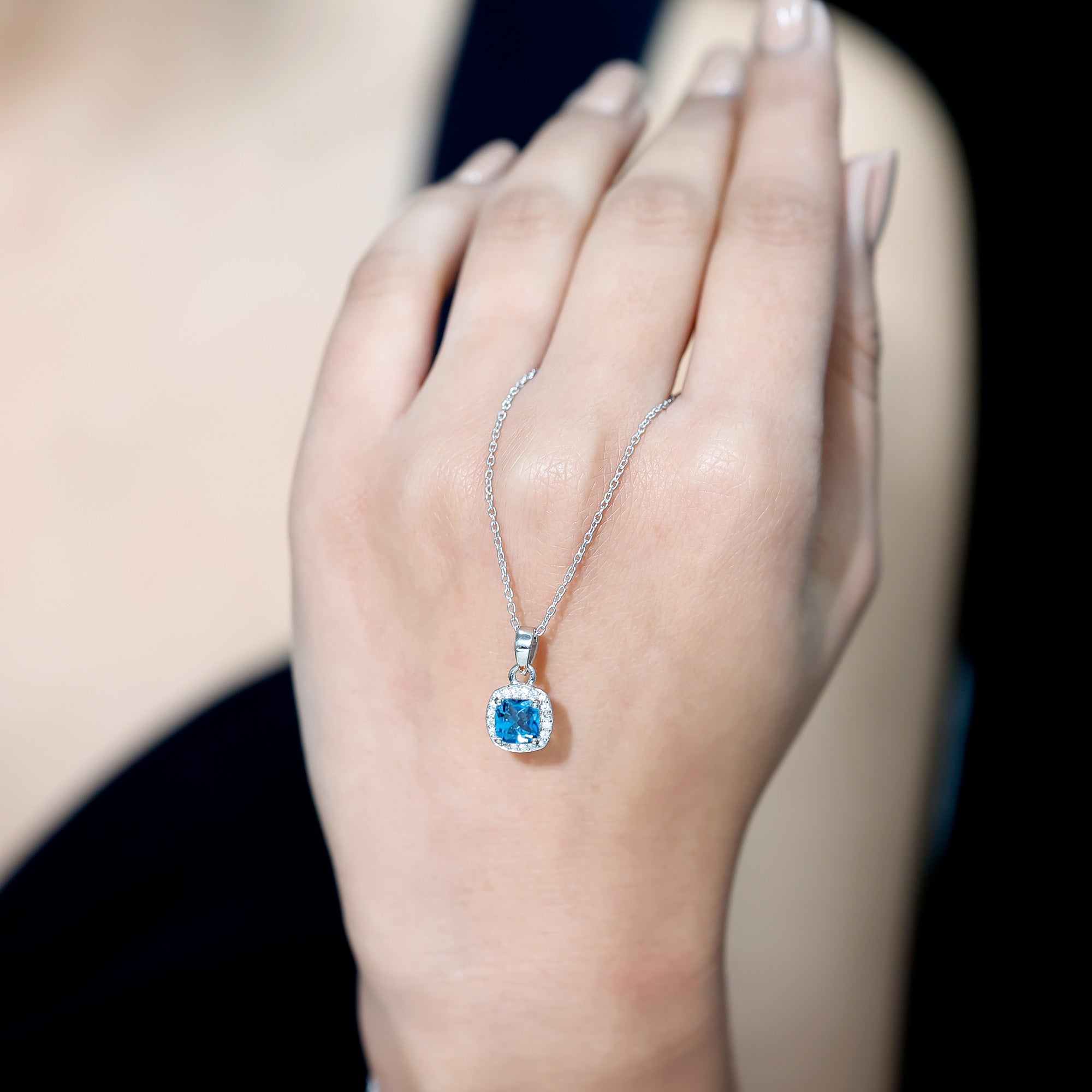Natural 1 Carat London Blue Topaz Necklace with Chain AAA 92.5 Sterling Silver - Rosec Jewels