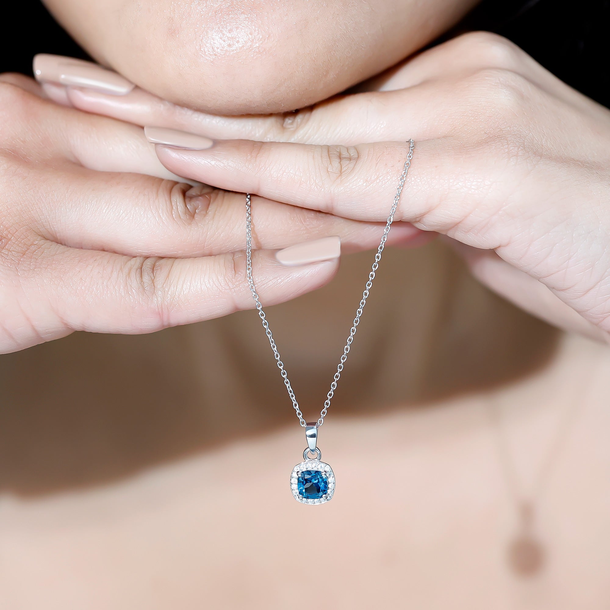 Natural 1 Carat London Blue Topaz Necklace with Chain AAA 92.5 Sterling Silver - Rosec Jewels