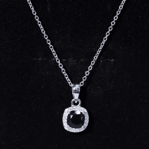 Cushion Cut 2 Carat Black Onyx and Moissanite Halo Necklace with Silver Chain AAA 92.5 Sterling Silver - Rosec Jewels