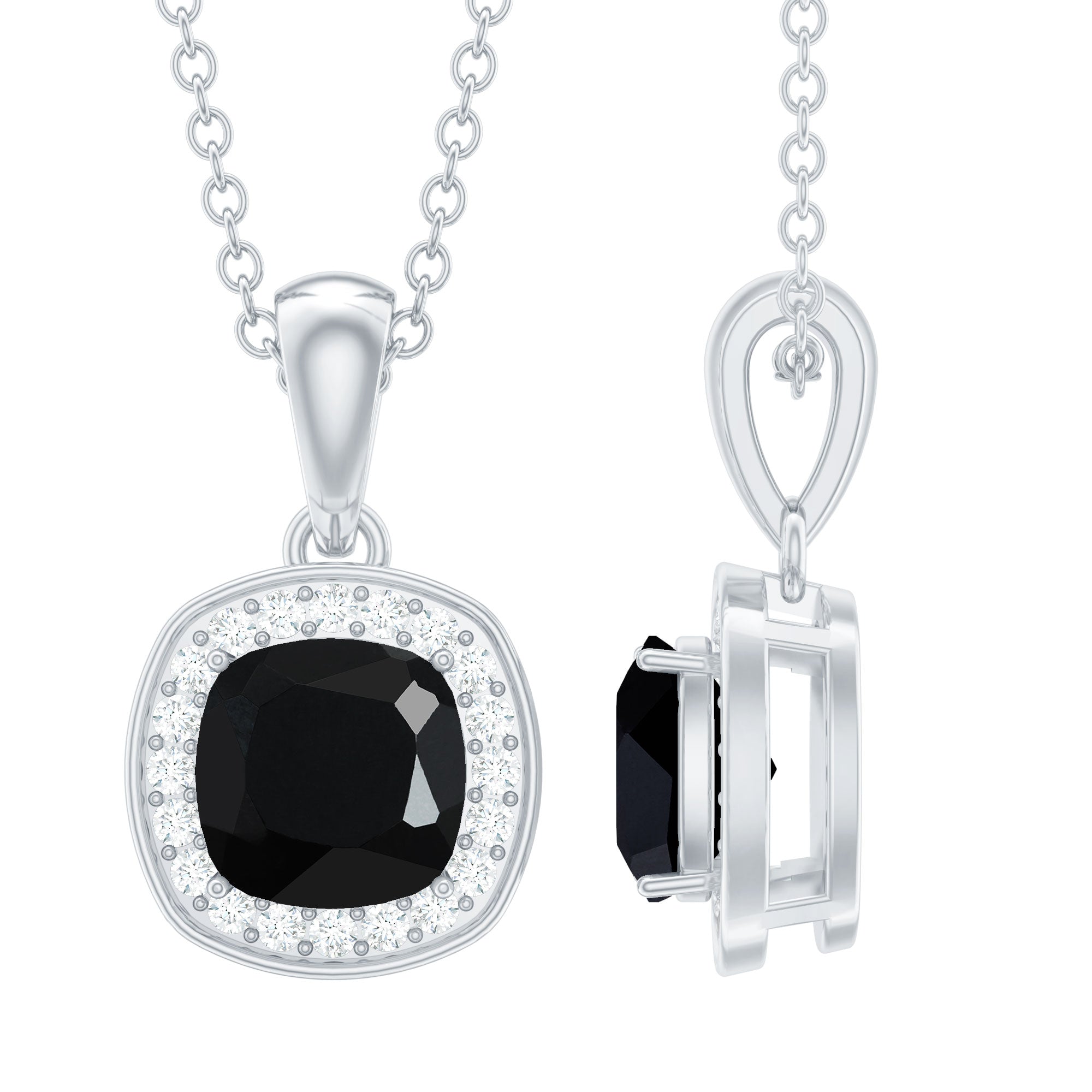 Cushion Cut 2 Carat Black Onyx and Moissanite Halo Necklace with Silver Chain AAA 92.5 Sterling Silver - Rosec Jewels