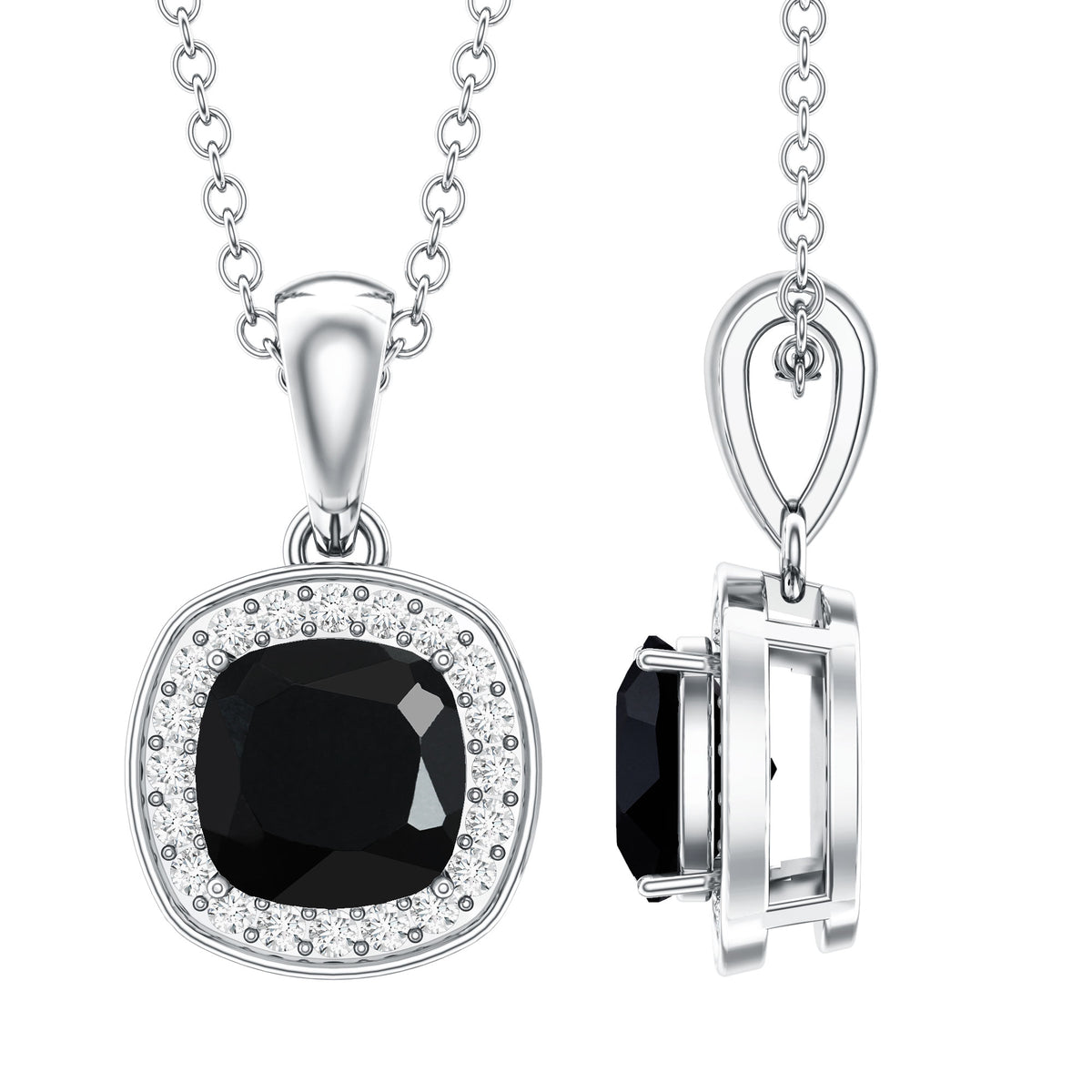 Cushion Cut 2 Carat Black Onyx and Moissanite Halo Necklace with Silver Chain AAA 92.5 Sterling Silver - Rosec Jewels