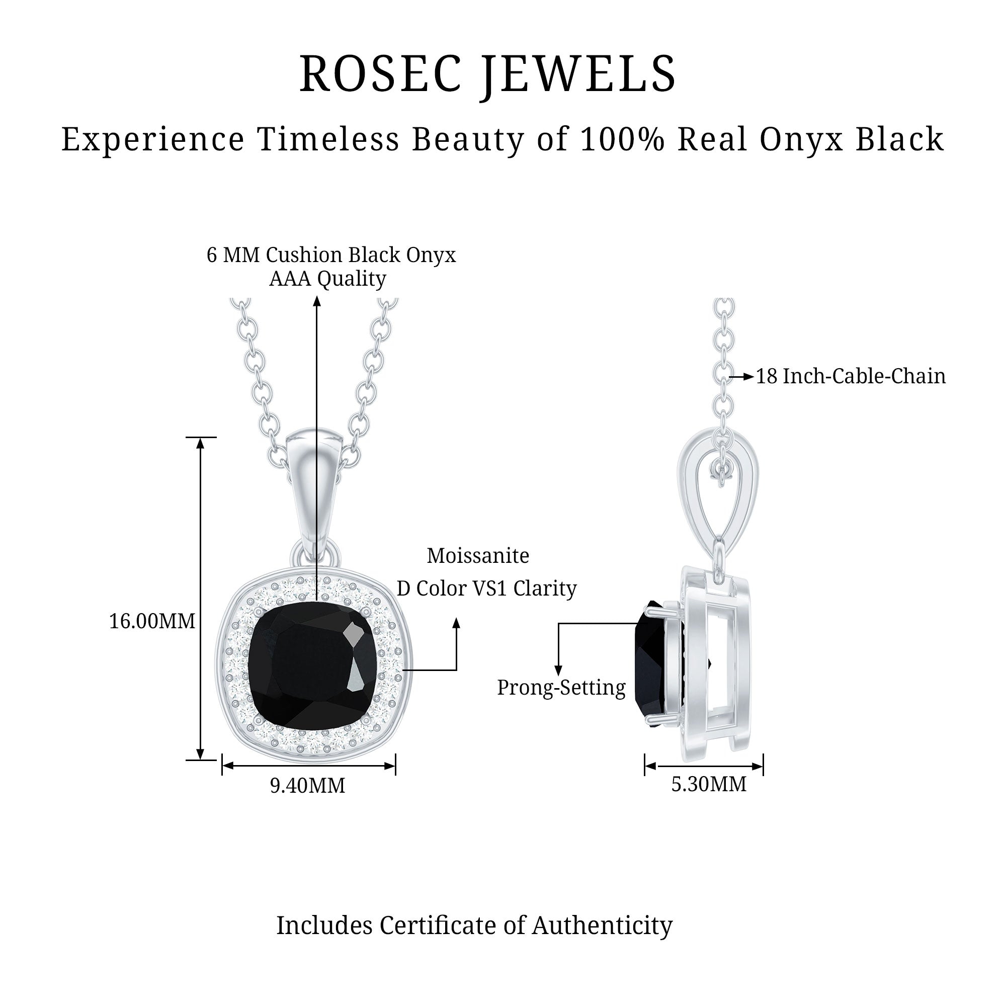 Cushion Cut 2 Carat Black Onyx and Moissanite Halo Necklace with Silver Chain AAA 92.5 Sterling Silver - Rosec Jewels