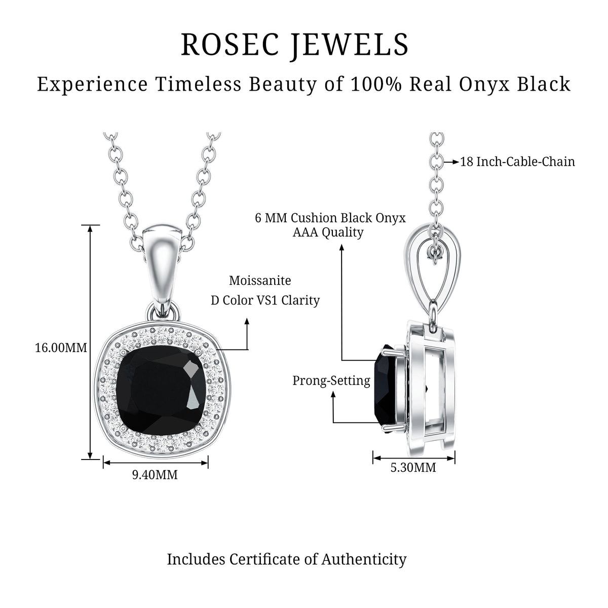 Cushion Cut 2 Carat Black Onyx and Moissanite Halo Necklace with Silver Chain AAA 92.5 Sterling Silver - Rosec Jewels