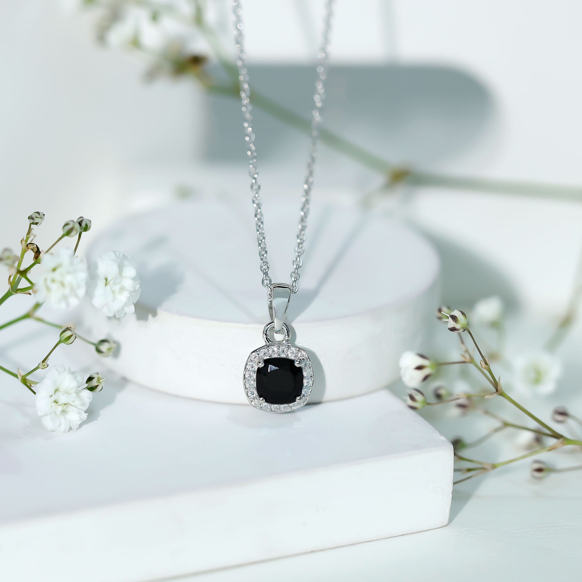 Cushion Cut 2 Carat Black Onyx and Moissanite Halo Necklace with Silver Chain AAA 92.5 Sterling Silver - Rosec Jewels