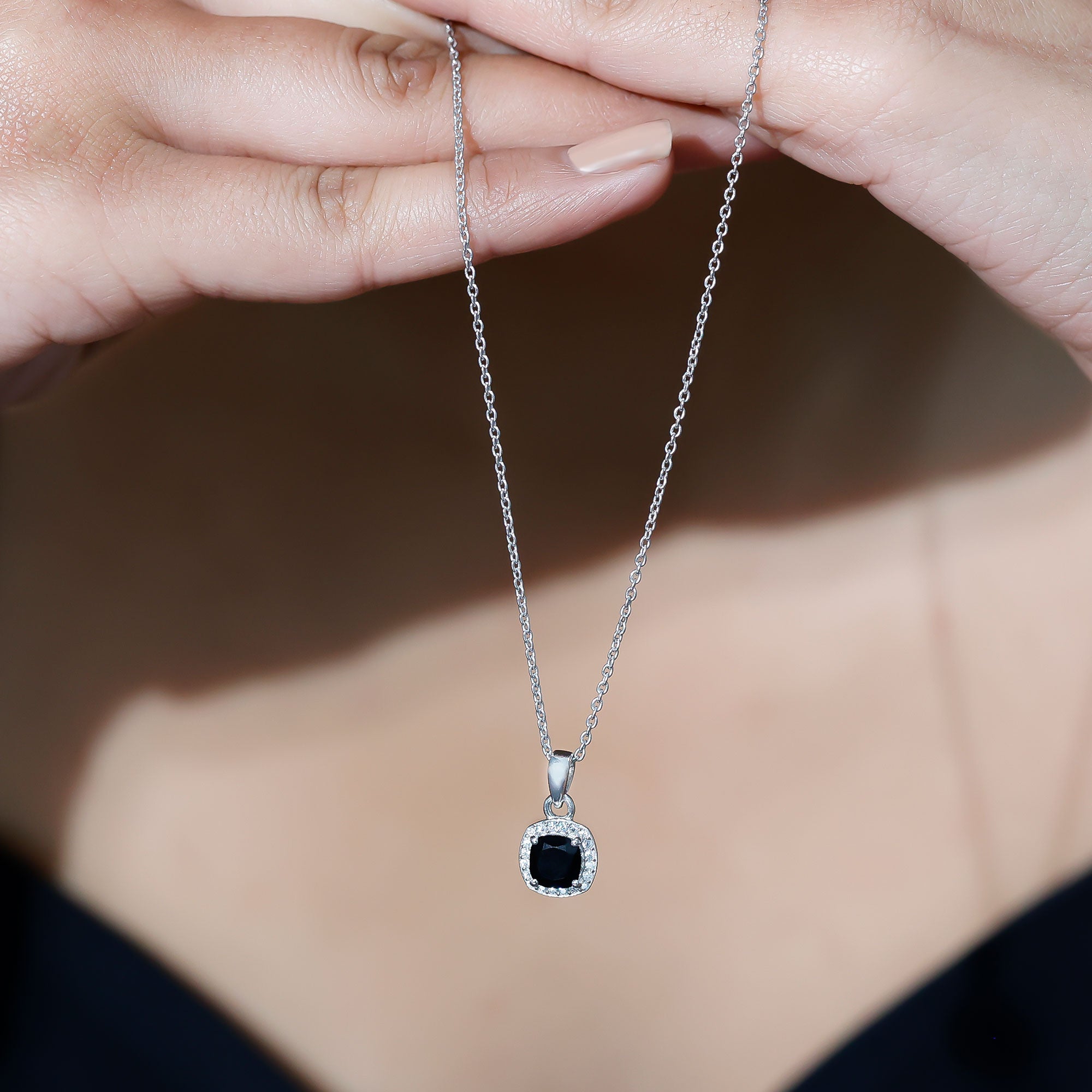 Cushion Cut 2 Carat Black Onyx and Moissanite Halo Necklace with Silver Chain AAA 92.5 Sterling Silver - Rosec Jewels