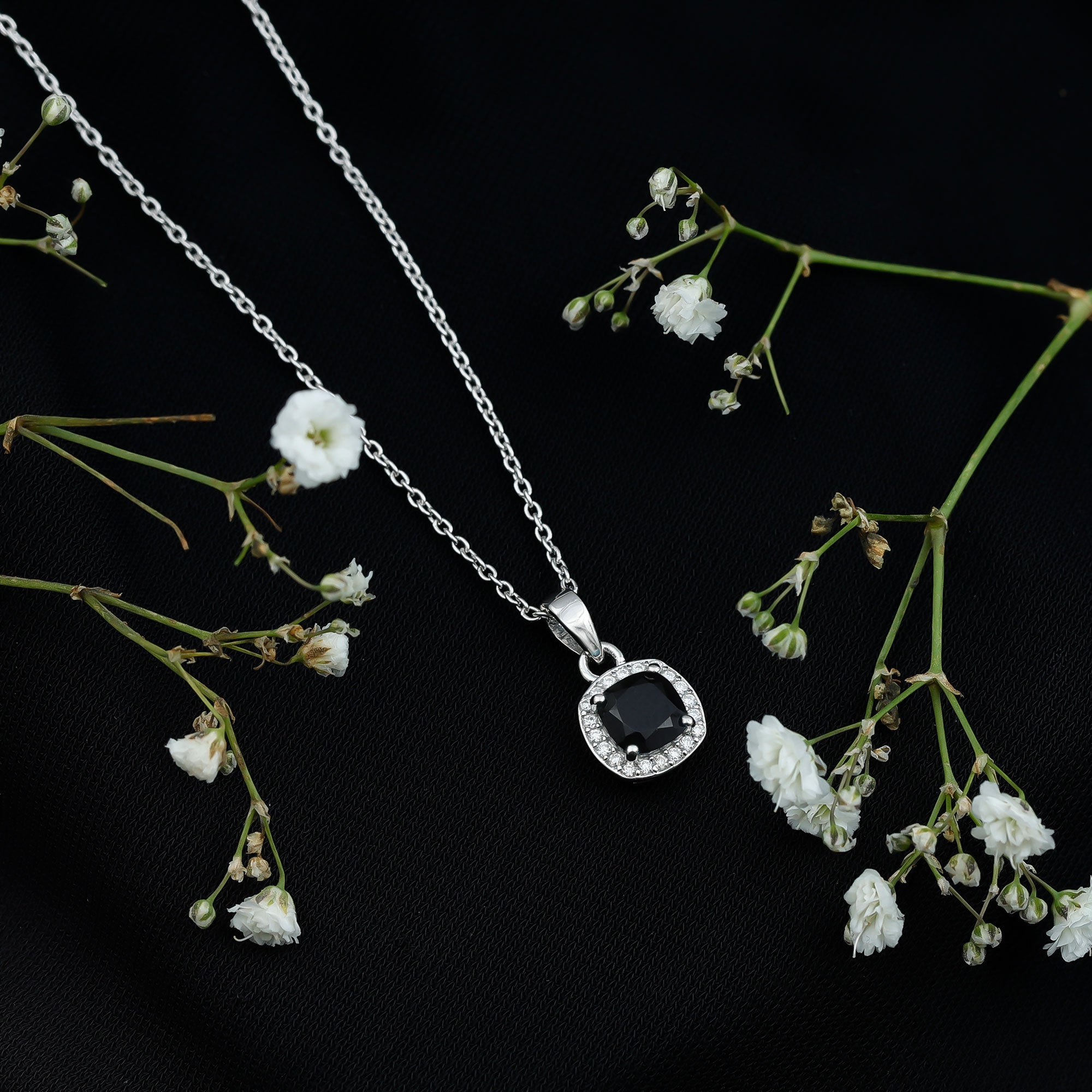 Cushion Cut 2 Carat Black Onyx and Moissanite Halo Necklace with Silver Chain AAA 92.5 Sterling Silver - Rosec Jewels