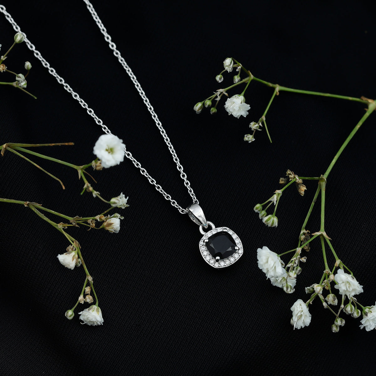 Cushion Cut 2 Carat Black Onyx and Moissanite Halo Necklace with Silver Chain AAA 92.5 Sterling Silver - Rosec Jewels