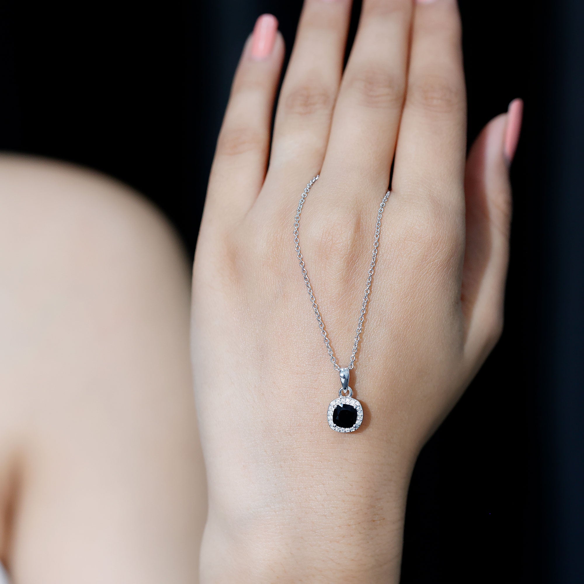 Cushion Cut 2 Carat Black Onyx and Moissanite Halo Necklace with Silver Chain AAA 92.5 Sterling Silver - Rosec Jewels