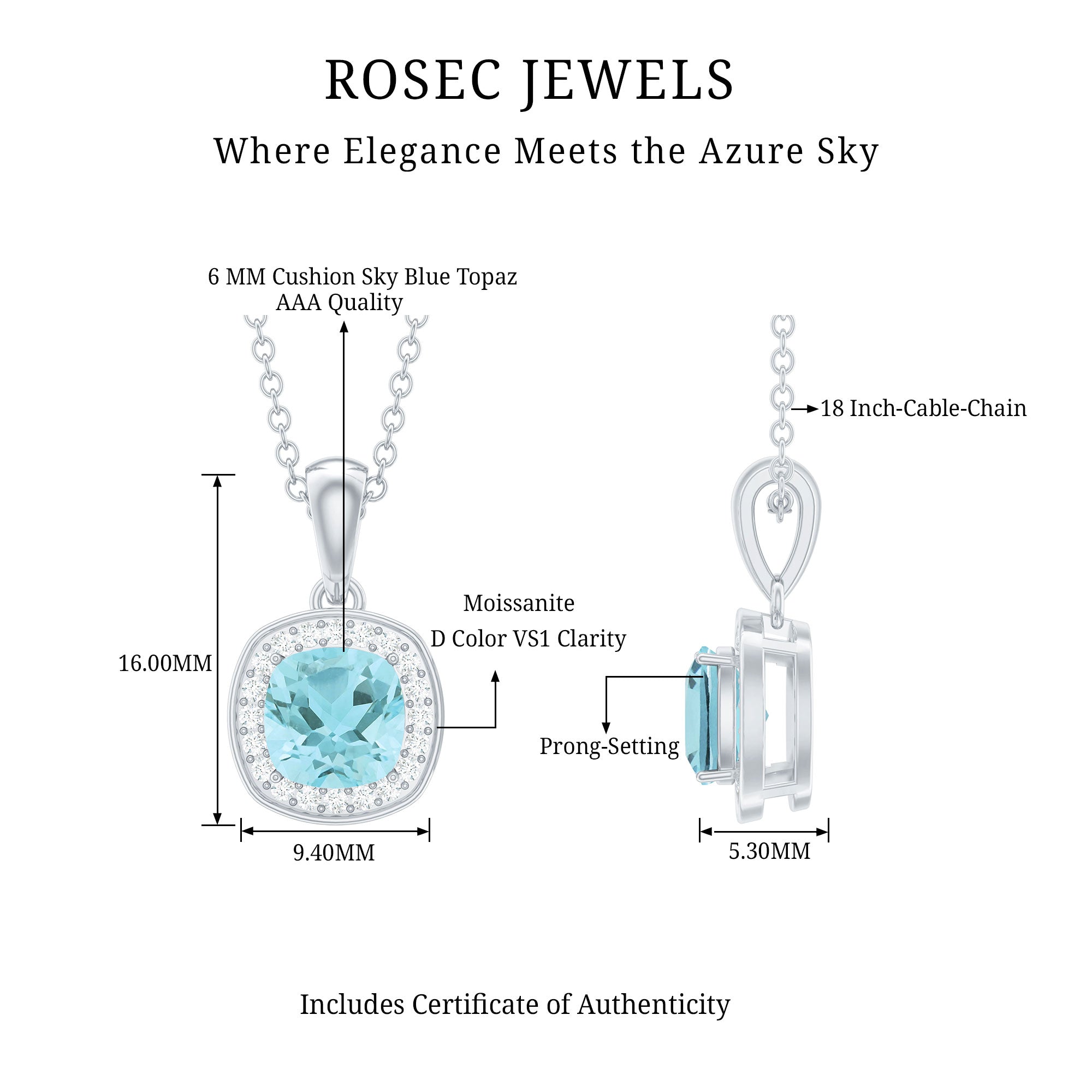 Natural Sky Blue Topaz Birthstone Necklace With Silver Chain AAA 92.5 Sterling Silver - Rosec Jewels