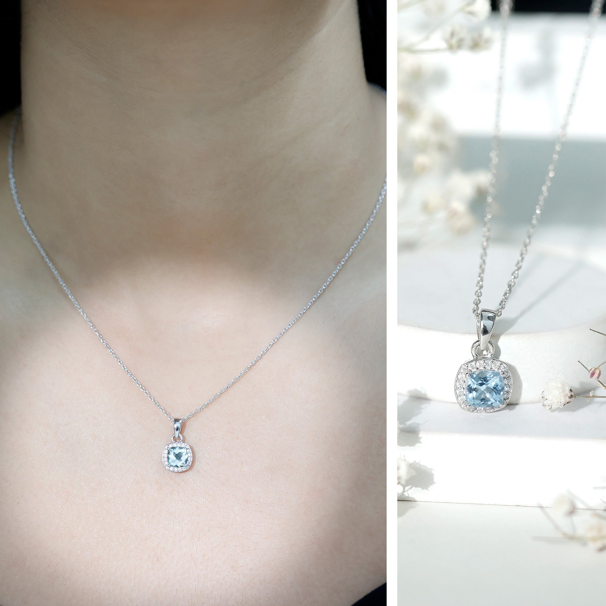 Natural Sky Blue Topaz Birthstone Necklace With Silver Chain AAA 92.5 Sterling Silver - Rosec Jewels
