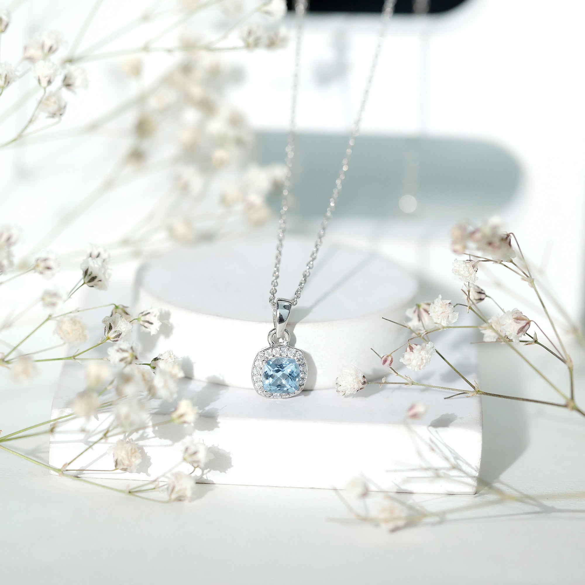 Natural Sky Blue Topaz Birthstone Necklace With Silver Chain AAA 92.5 Sterling Silver - Rosec Jewels