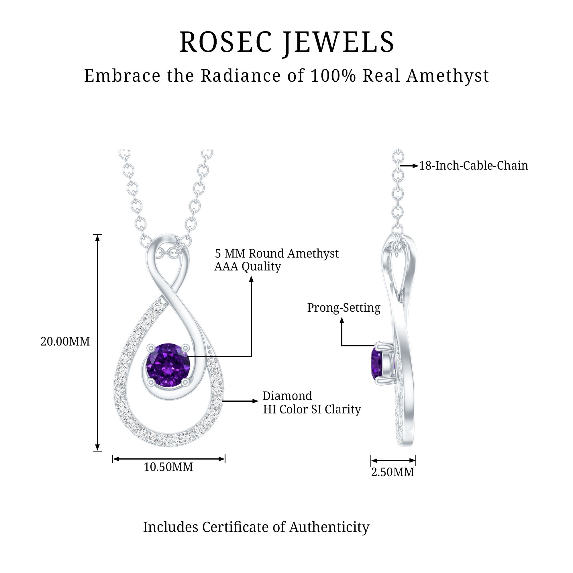Natural Amethyst Infinity Pendant Necklace with Diamond AAA - Rosec Jewels