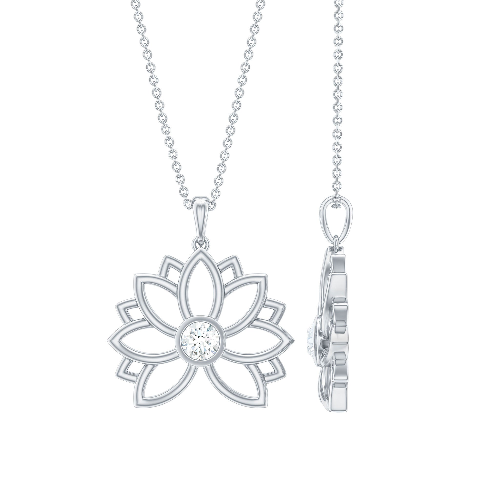 Natural Diamond Gold Lotus Floral Pendant Necklace in Bezel Setting