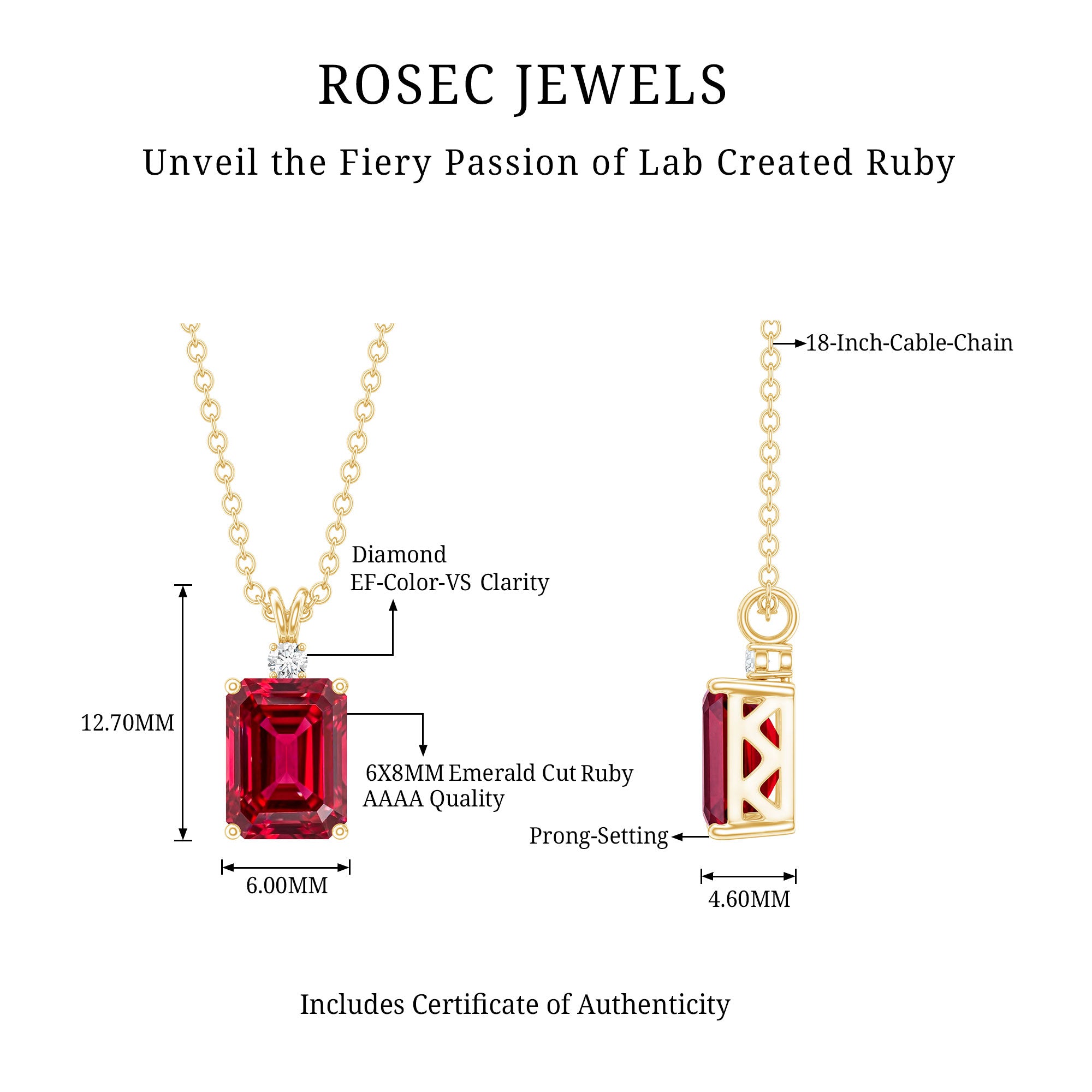 Certified 1.6 Carat Lab Grown Ruby and Diamond Emerald Cut Necklace with Silver Chain AAAA 14K Yellow Gold Plated Silver - Rosec Jewels