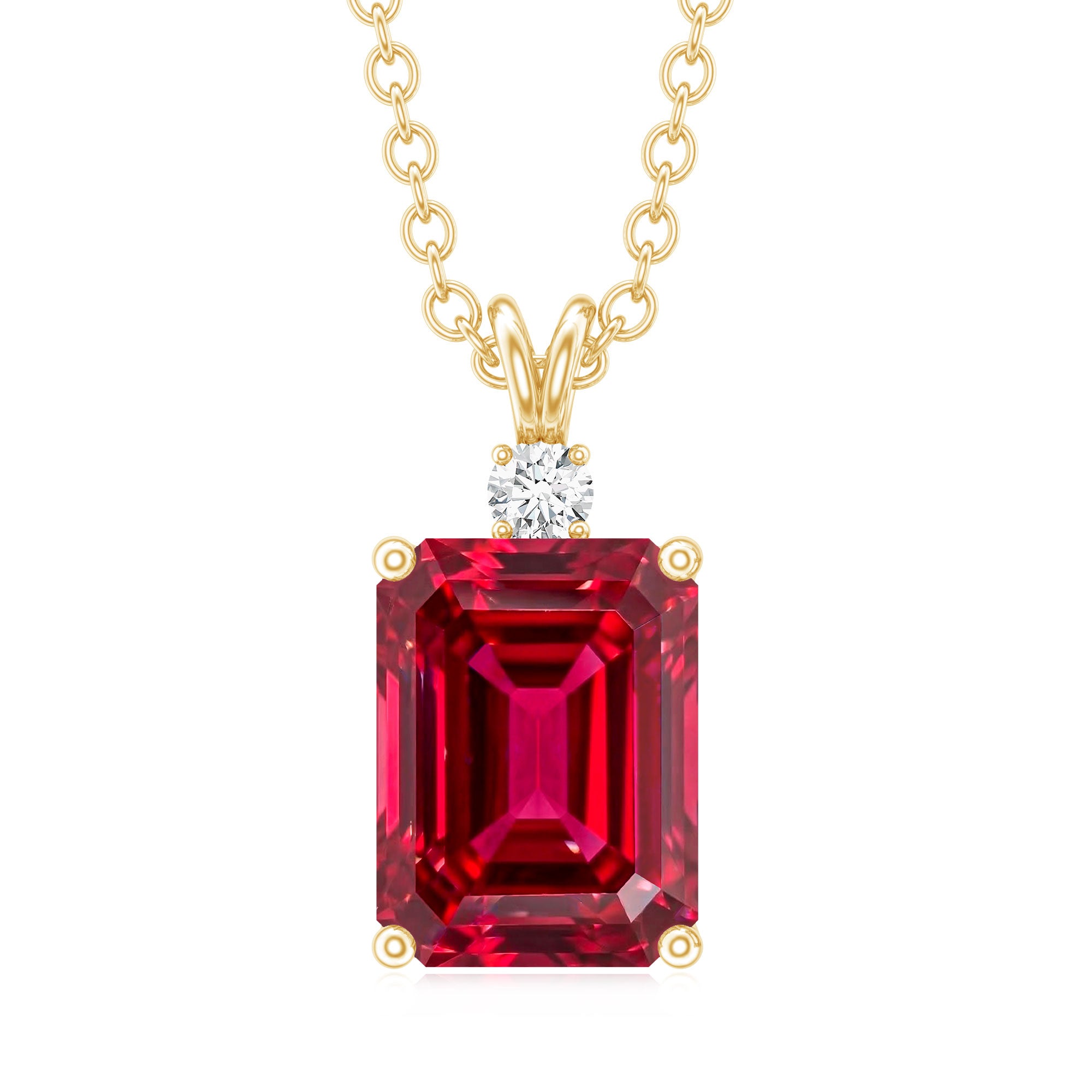 Certified 1.6 Carat Lab Grown Ruby and Diamond Emerald Cut Necklace with Silver Chain AAAA 14K Yellow Gold Plated Silver - Rosec Jewels