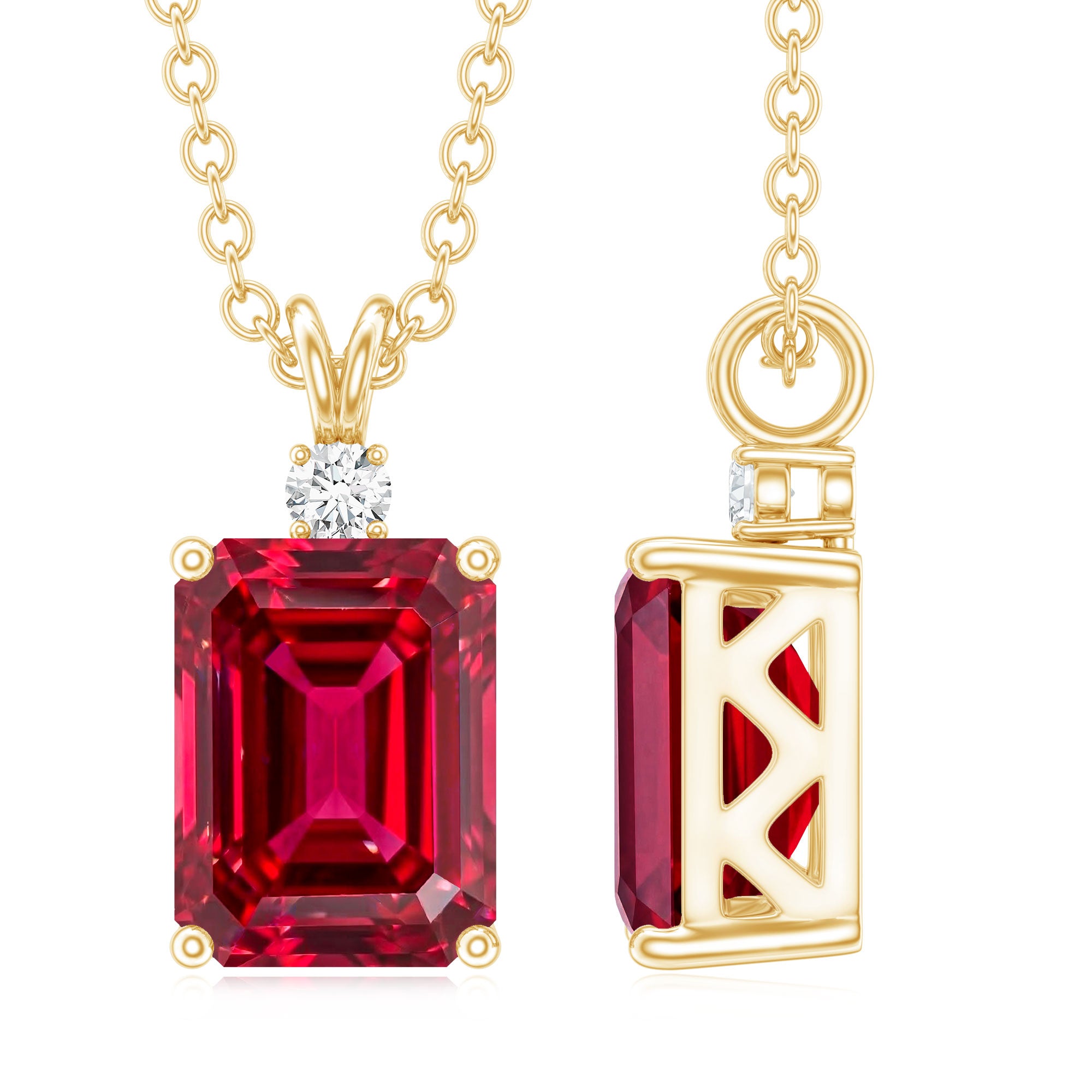Certified 1.6 Carat Lab Grown Ruby and Diamond Emerald Cut Necklace with Silver Chain AAAA 14K Yellow Gold Plated Silver - Rosec Jewels
