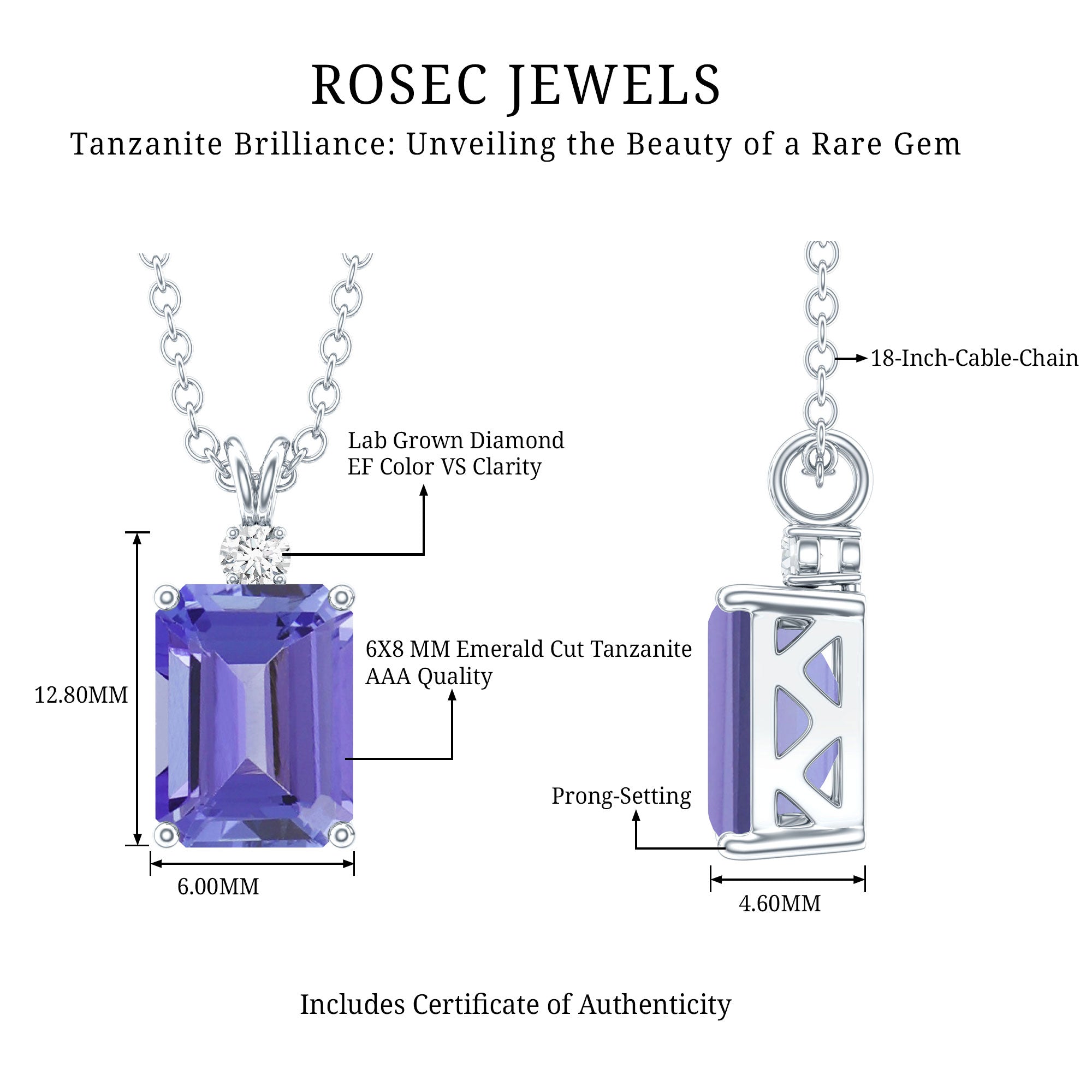 Natural 2 Carat Tanzanite Emerald Cut Necklace with Silver Chain AAA 92.5 Sterling Silver - Rosec Jewels
