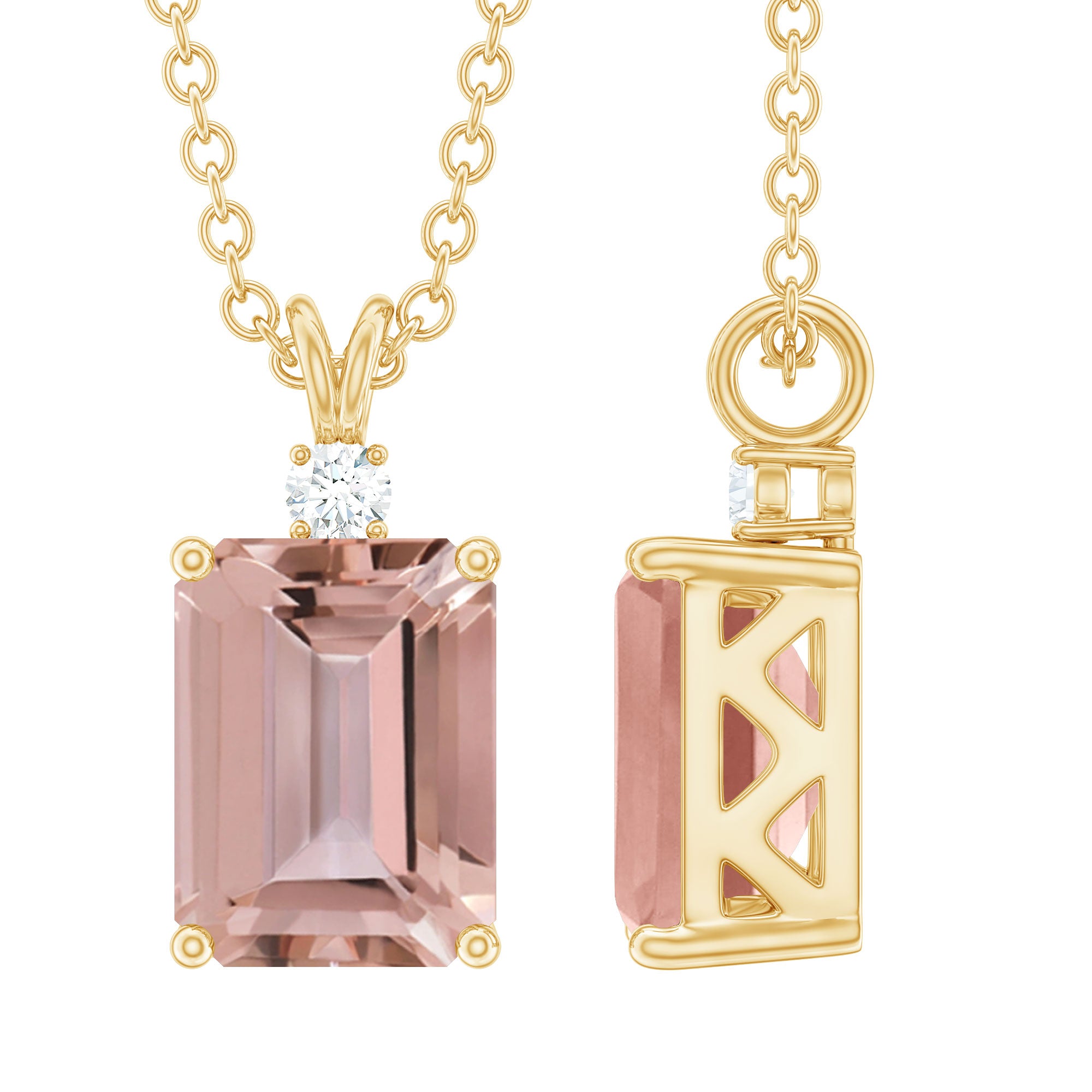 Certified 1.8 Carat Emerald Cut Morganite Solitaire Necklace with Silver Chain AAA 14K Yellow Gold Plated Silver - Rosec Jewels
