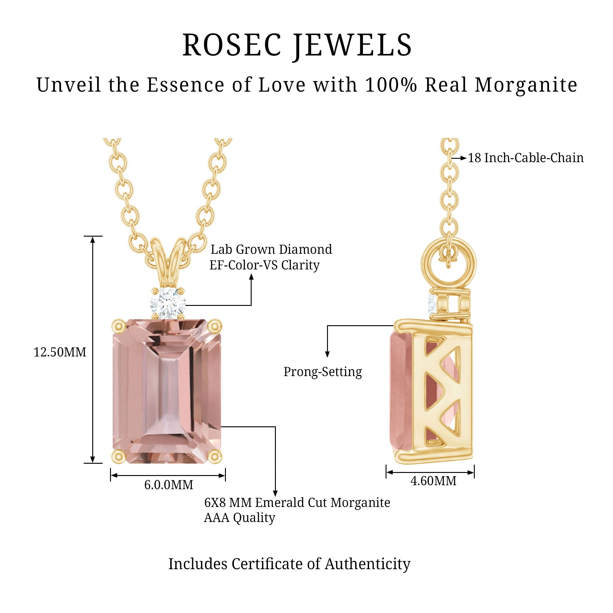 Certified 1.8 Carat Emerald Cut Morganite Solitaire Necklace with Silver Chain AAA 14K Yellow Gold Plated Silver - Rosec Jewels