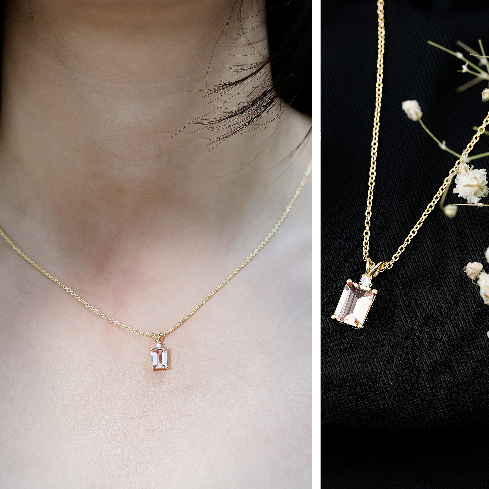 Certified 1.8 Carat Emerald Cut Morganite Solitaire Necklace with Silver Chain AAA 14K Yellow Gold Plated Silver - Rosec Jewels