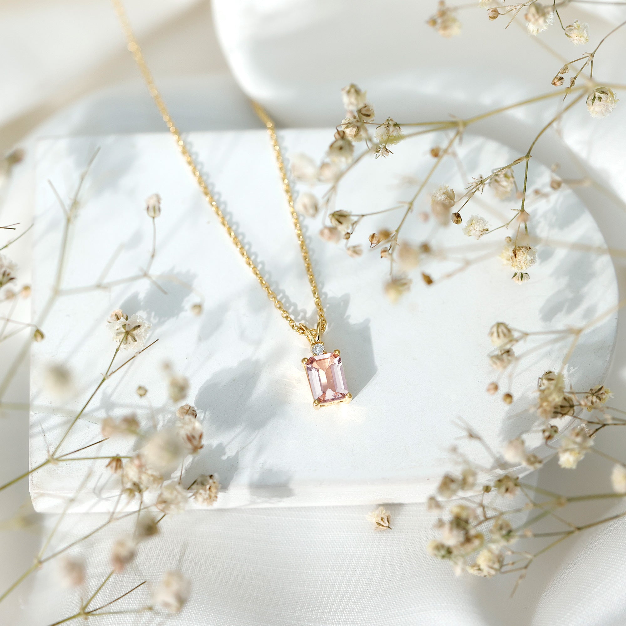Certified 1.8 Carat Emerald Cut Morganite Solitaire Necklace with Silver Chain AAA 14K Yellow Gold Plated Silver - Rosec Jewels