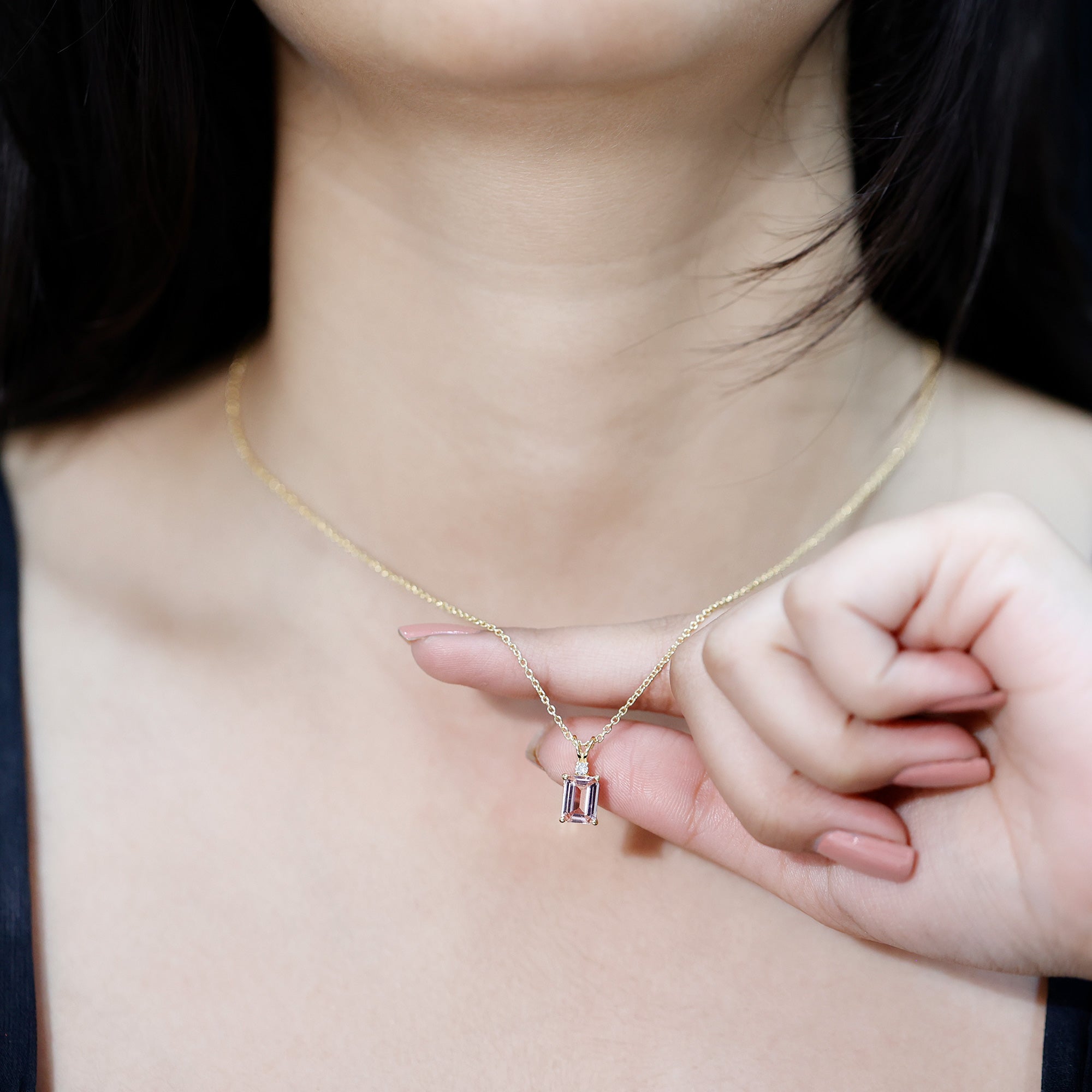 Certified 1.8 Carat Emerald Cut Morganite Solitaire Necklace with Silver Chain AAA 14K Yellow Gold Plated Silver - Rosec Jewels