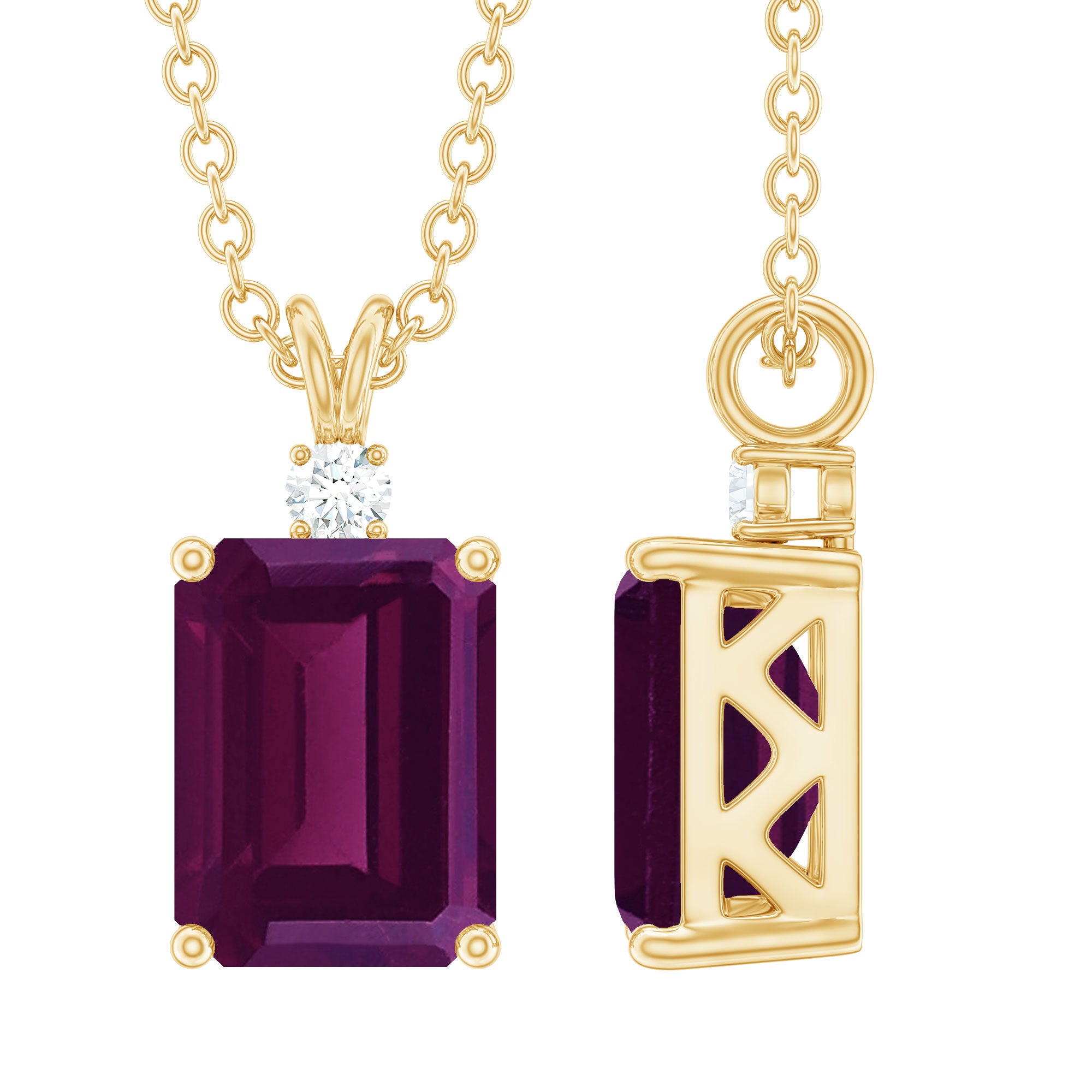 2 Carat Emerald Cut Rhodolite Solitaire Necklace with Lab Diamond AAA 14K Yellow Gold Plated Silver - Rosec Jewels