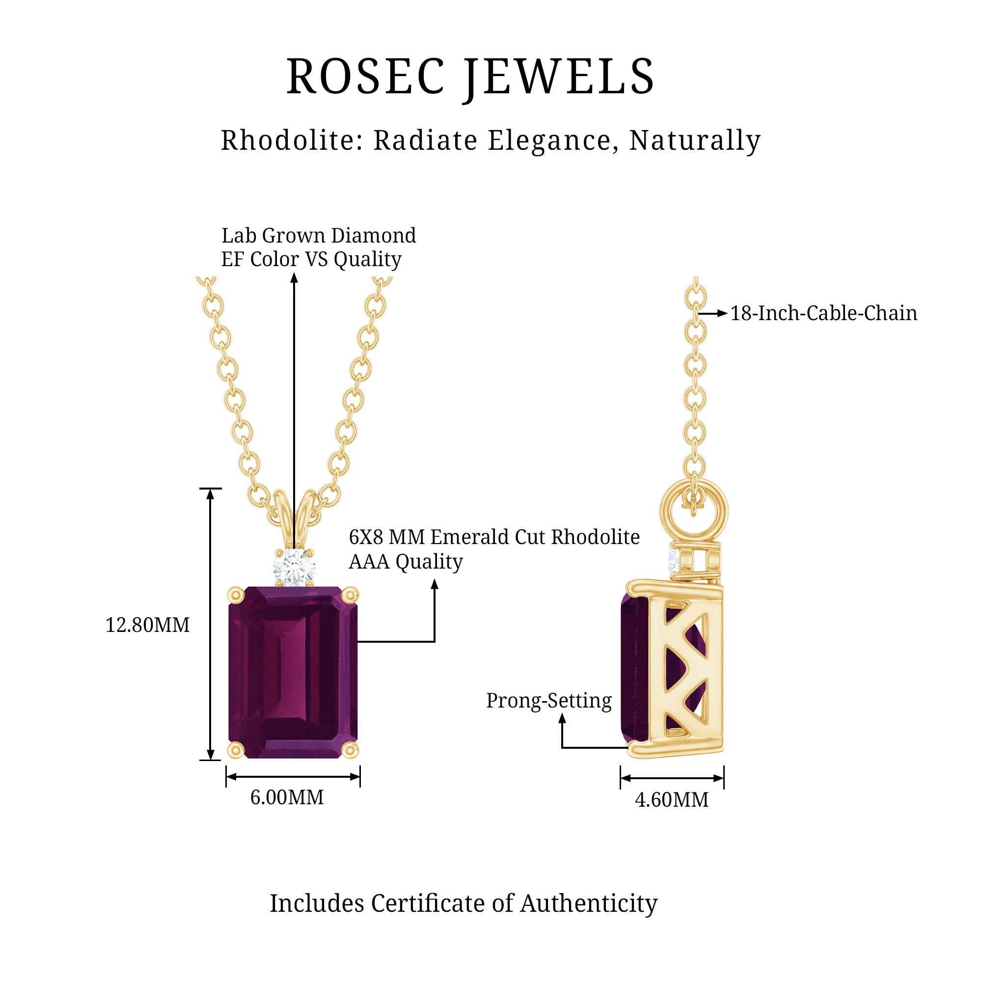 2 Carat Emerald Cut Rhodolite Solitaire Necklace with Lab Diamond AAA 14K Yellow Gold Plated Silver - Rosec Jewels