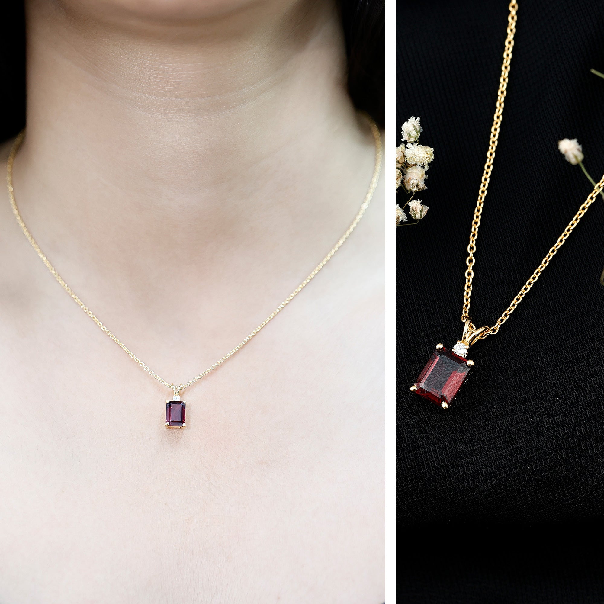 2 Carat Emerald Cut Rhodolite Solitaire Necklace with Lab Diamond AAA 14K Yellow Gold Plated Silver - Rosec Jewels