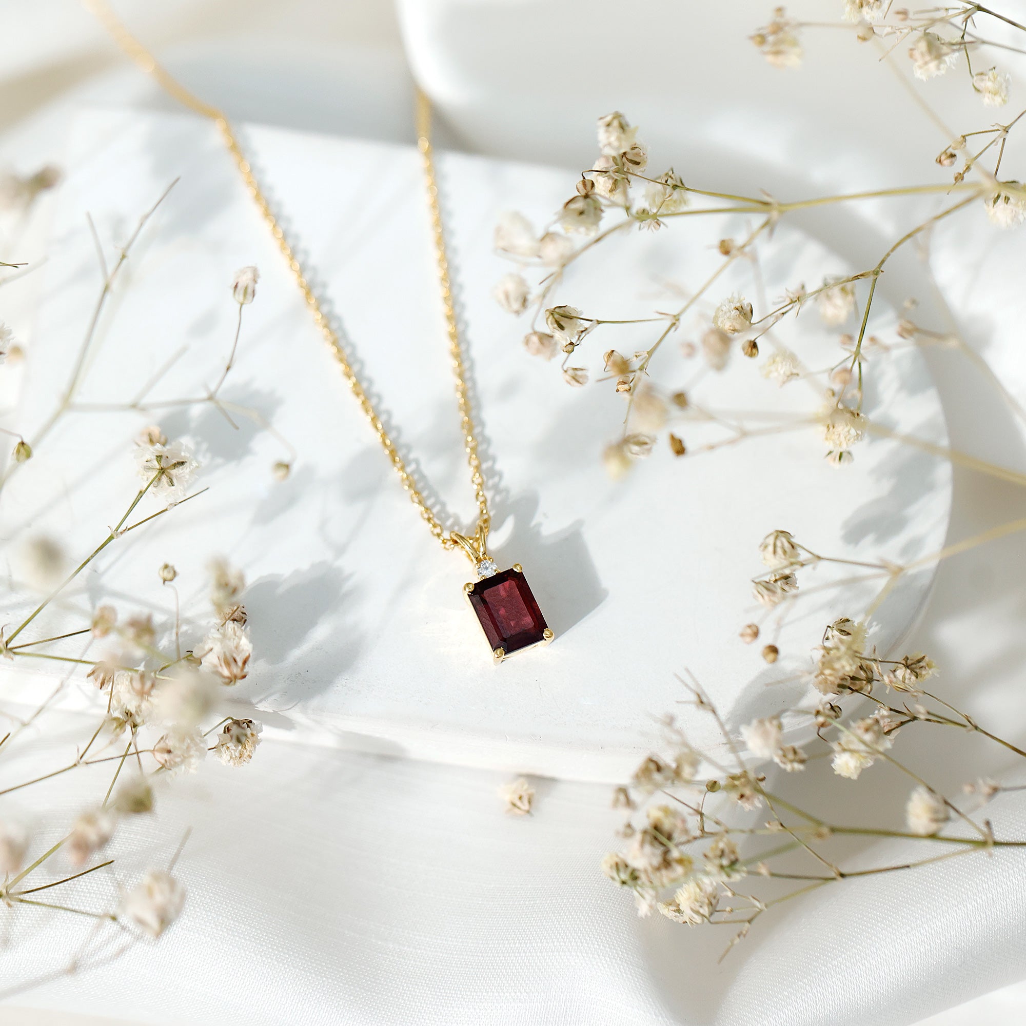 2 Carat Emerald Cut Rhodolite Solitaire Necklace with Lab Diamond AAA 14K Yellow Gold Plated Silver - Rosec Jewels