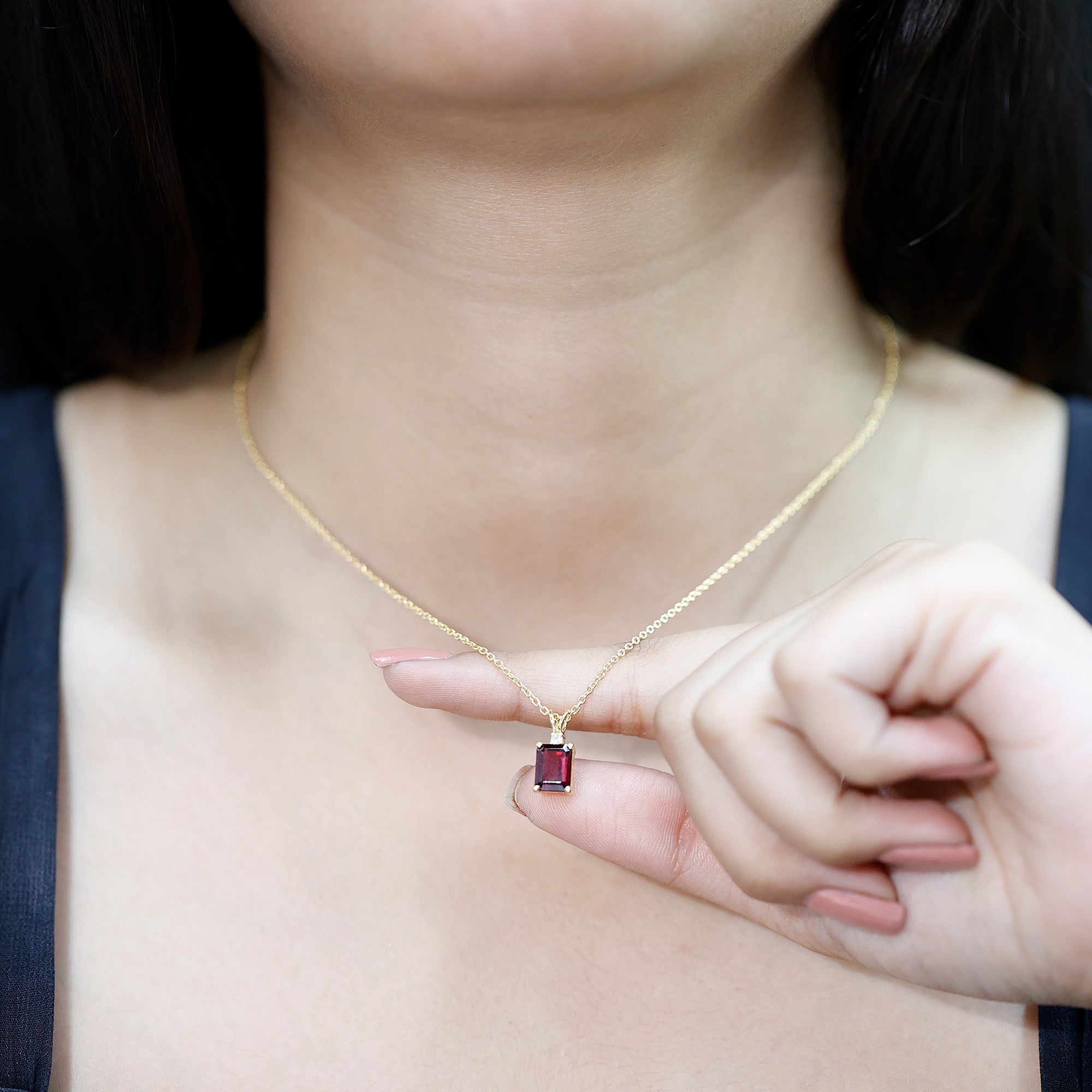 2 Carat Emerald Cut Rhodolite Solitaire Necklace with Lab Diamond AAA 14K Yellow Gold Plated Silver - Rosec Jewels