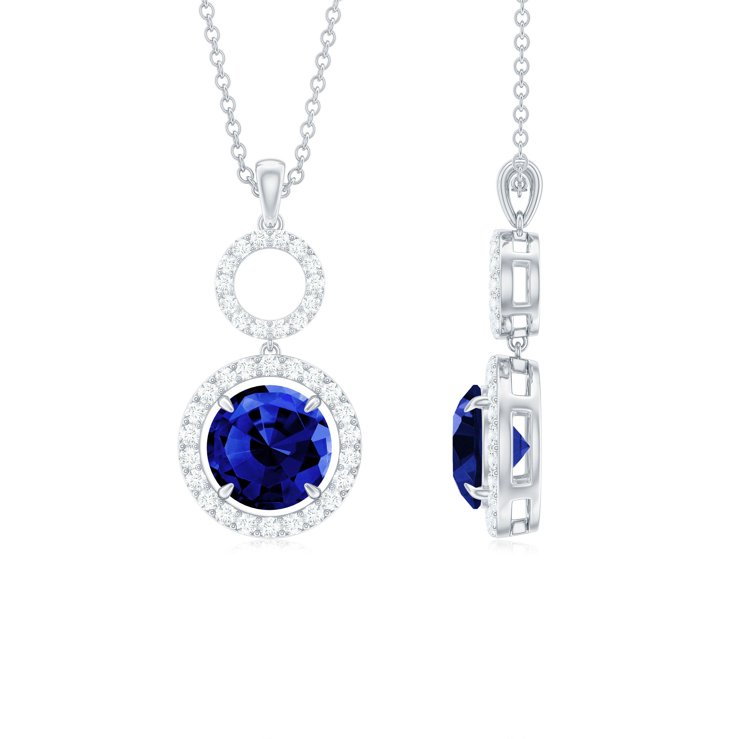 Lab Grown Blue Sapphire Halo Pendant with Moissanite AAAA - Rosec Jewels