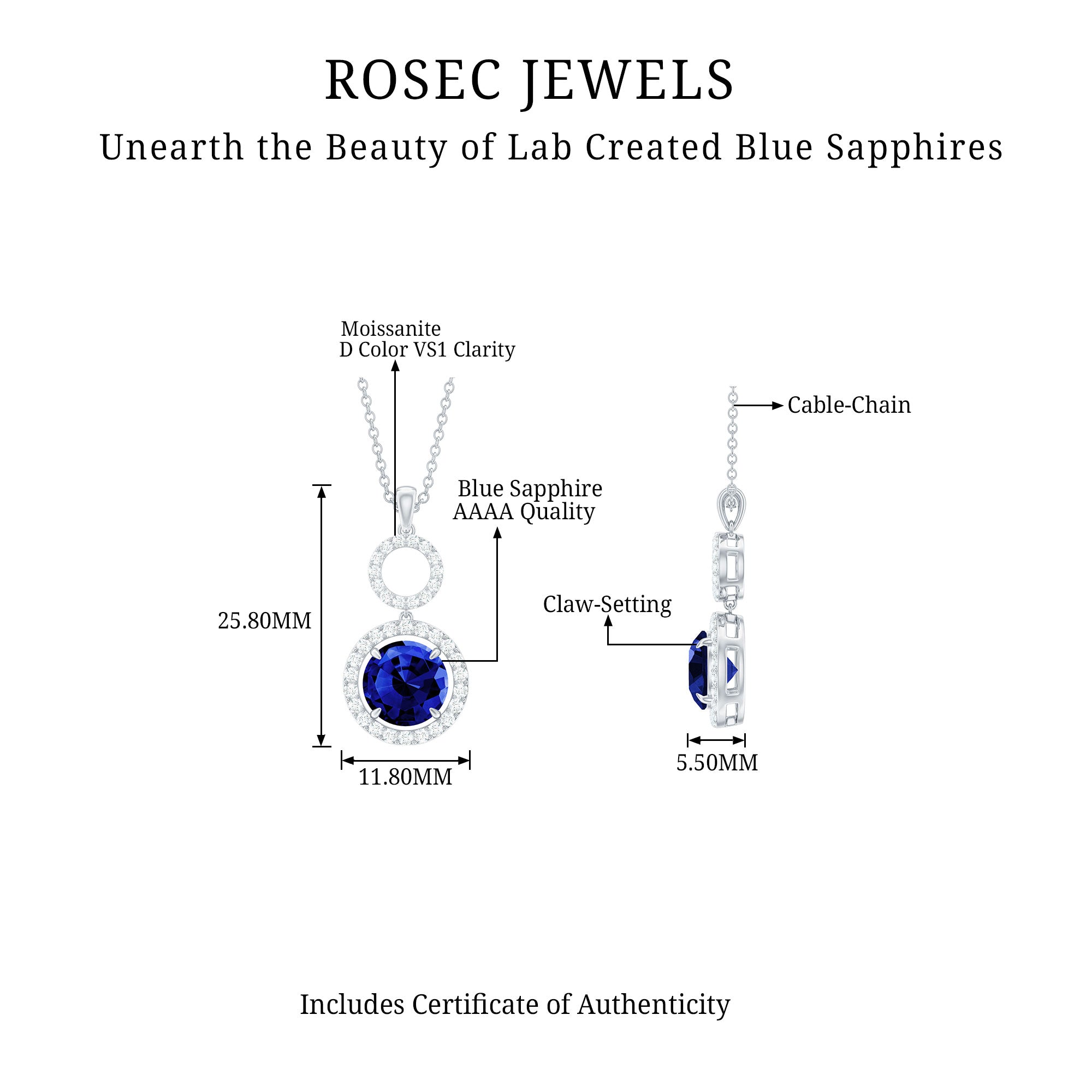 Lab Grown Blue Sapphire Halo Pendant with Moissanite AAAA - Rosec Jewels