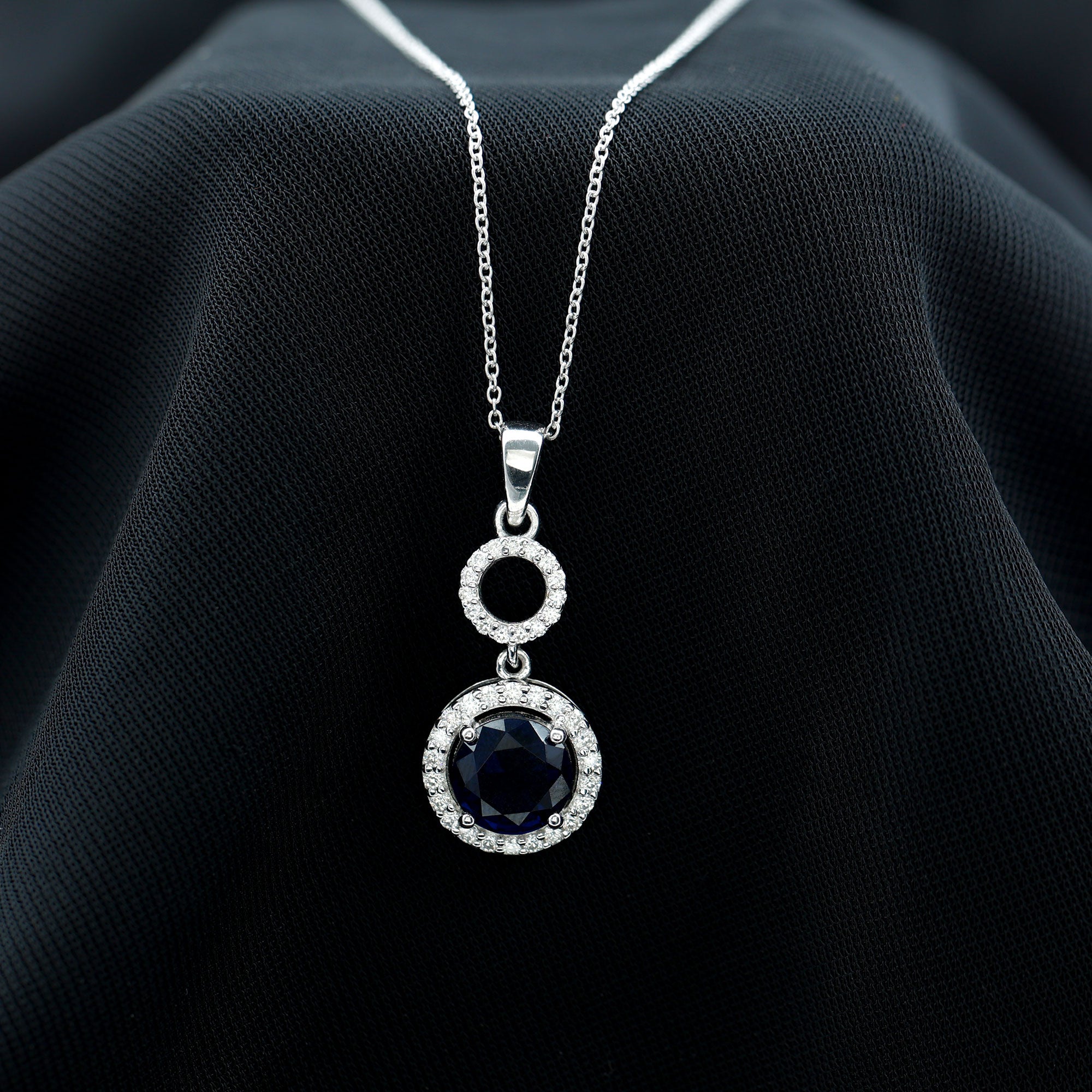 Lab Grown Blue Sapphire Halo Pendant with Moissanite AAAA - Rosec Jewels