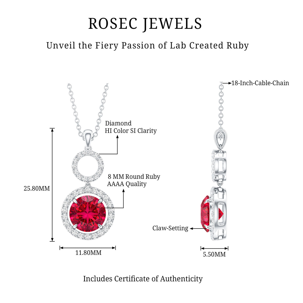 Lab Grown Ruby and Diamond Halo Dangle Pendant Necklace AAAA - Rosec Jewels