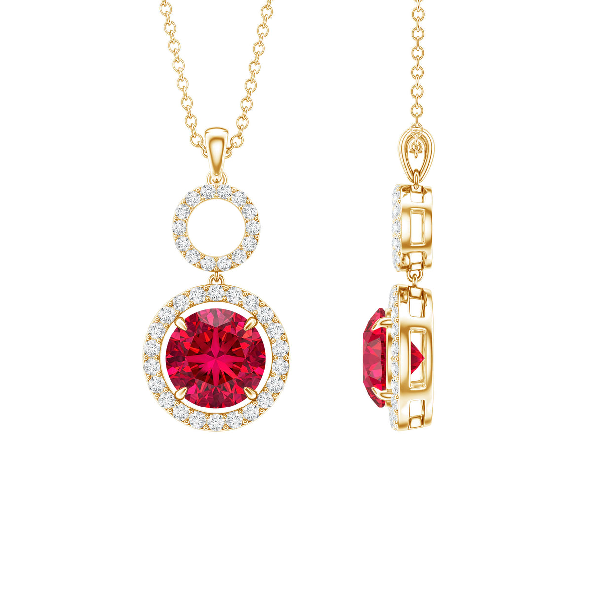 Lab Grown Ruby and Diamond Halo Dangle Pendant Necklace AAAA - Rosec Jewels