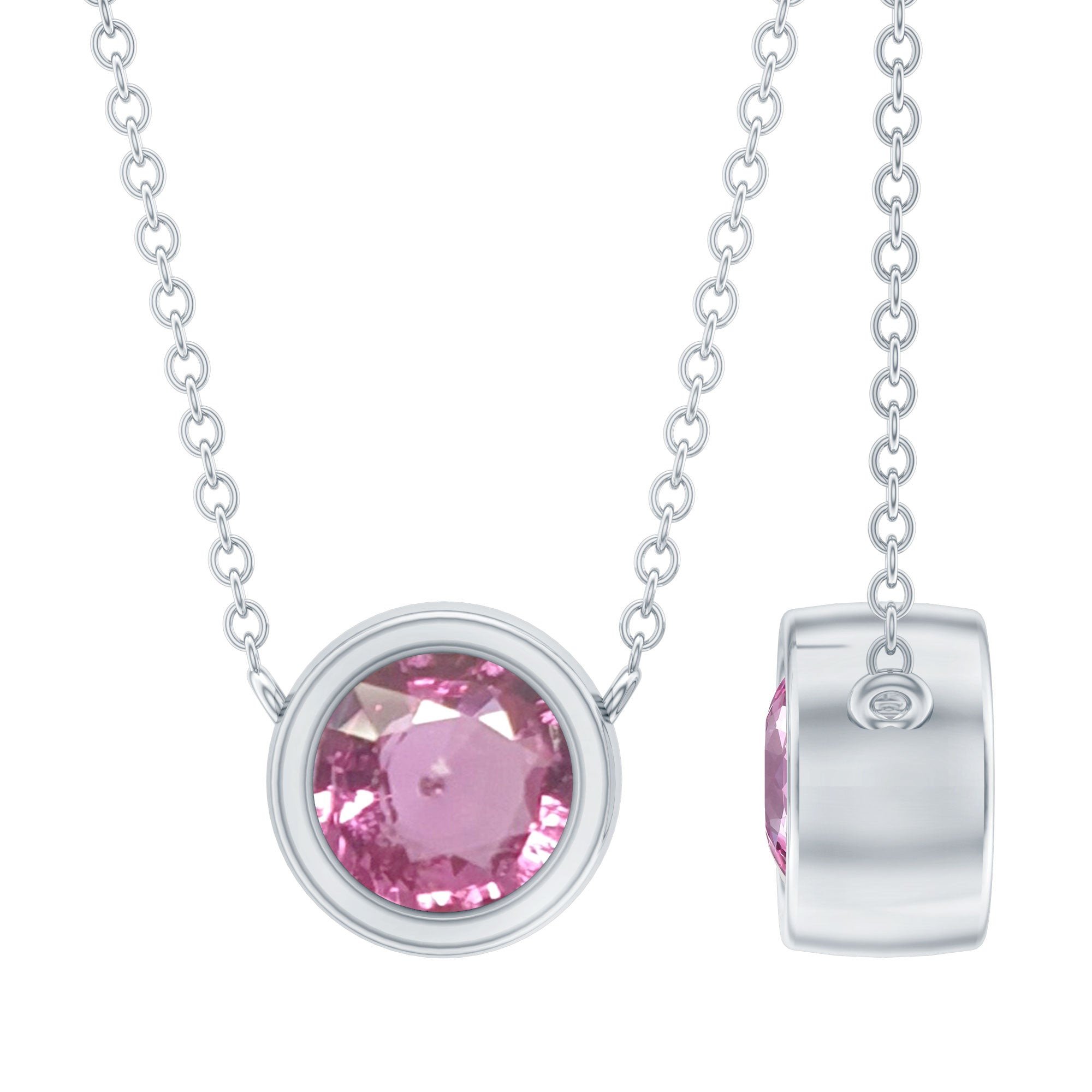 Natural Pink Sapphire Bezel Set Necklace in Sterling Silver