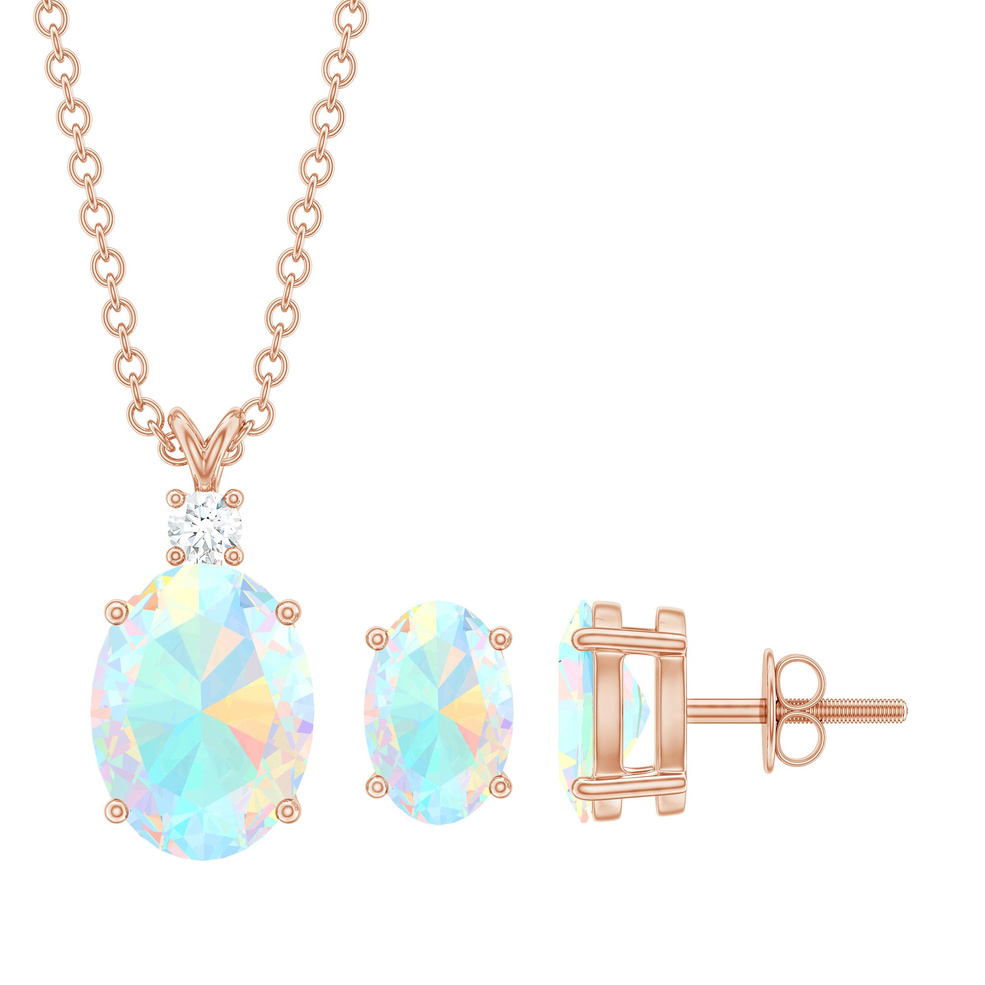 Real 3 Carat Oval Shaped Ethiopian Opal Solitaire Necklace Earrings Set with Diamond AAA - Rosec Jewels