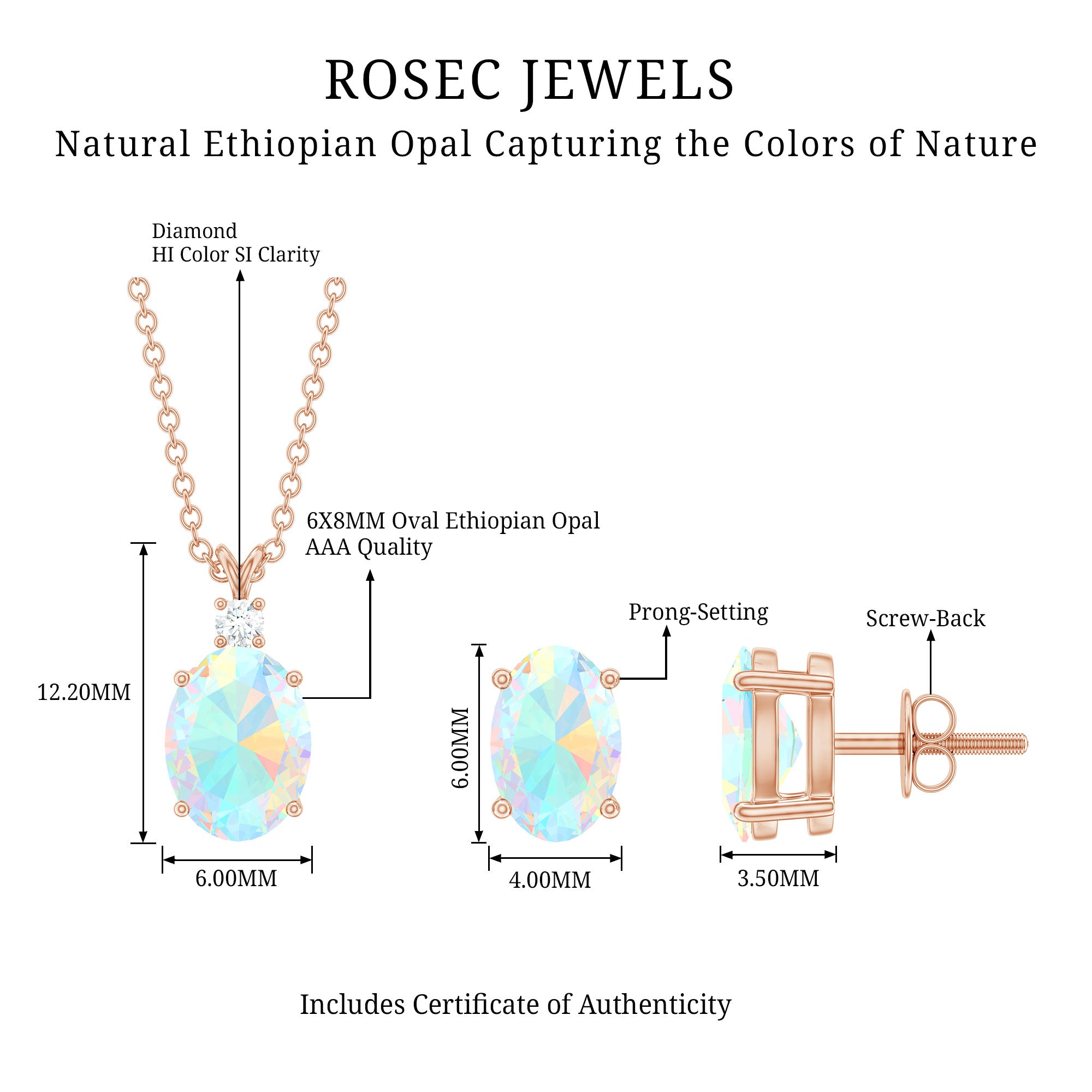 Real 3 Carat Oval Shaped Ethiopian Opal Solitaire Necklace Earrings Set with Diamond AAA - Rosec Jewels