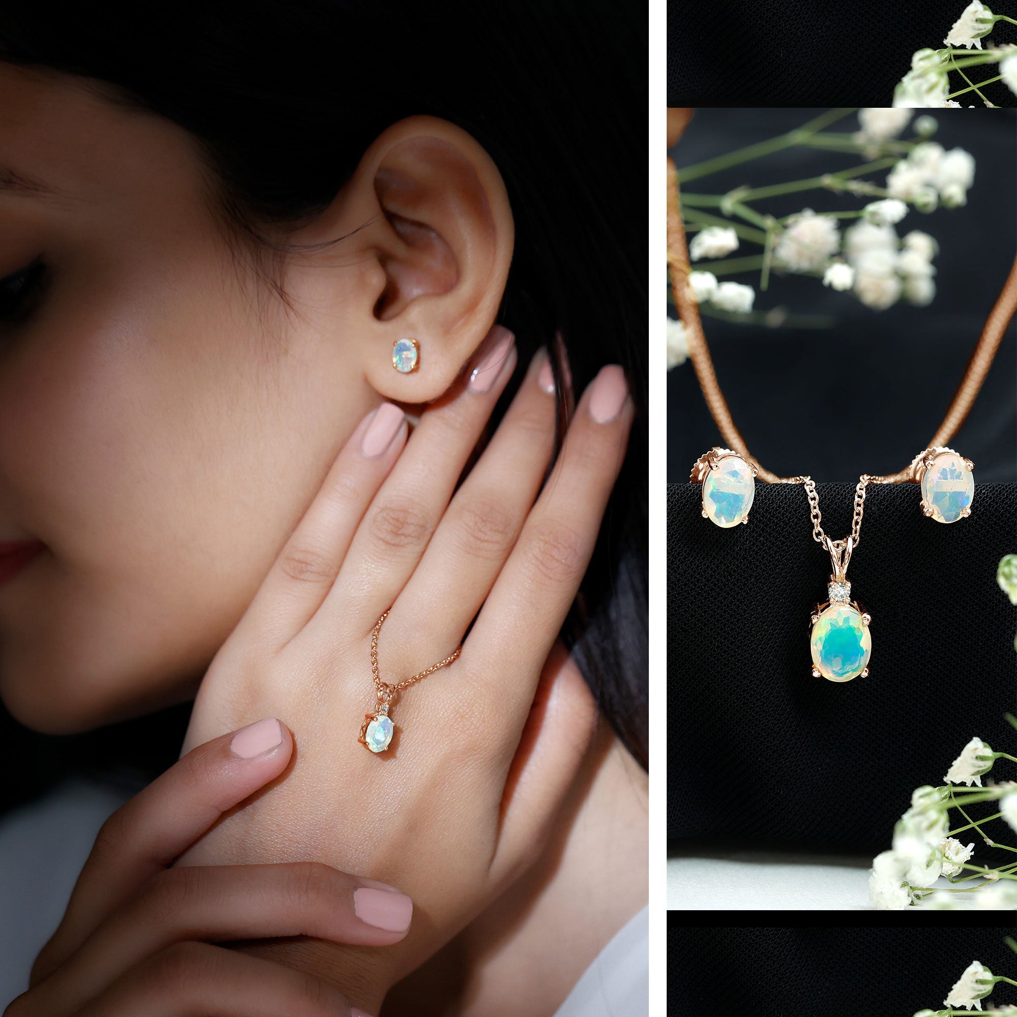 Real 3 Carat Oval Shaped Ethiopian Opal Solitaire Necklace Earrings Set with Diamond AAA - Rosec Jewels