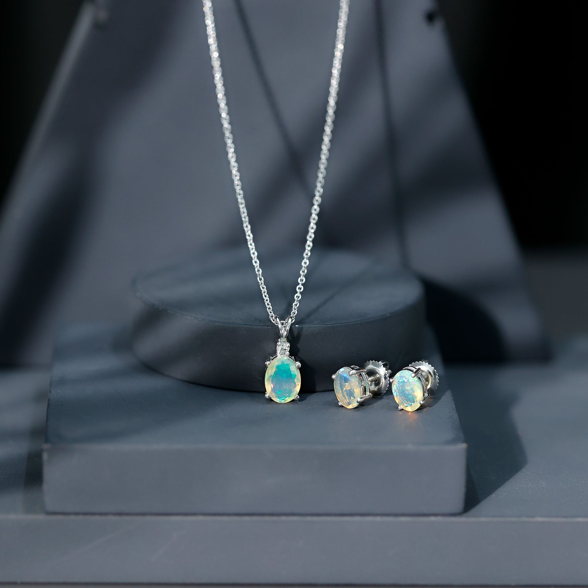 Real 3 Carat Oval Shaped Ethiopian Opal Solitaire Necklace Earrings Set with Diamond AAA - Rosec Jewels