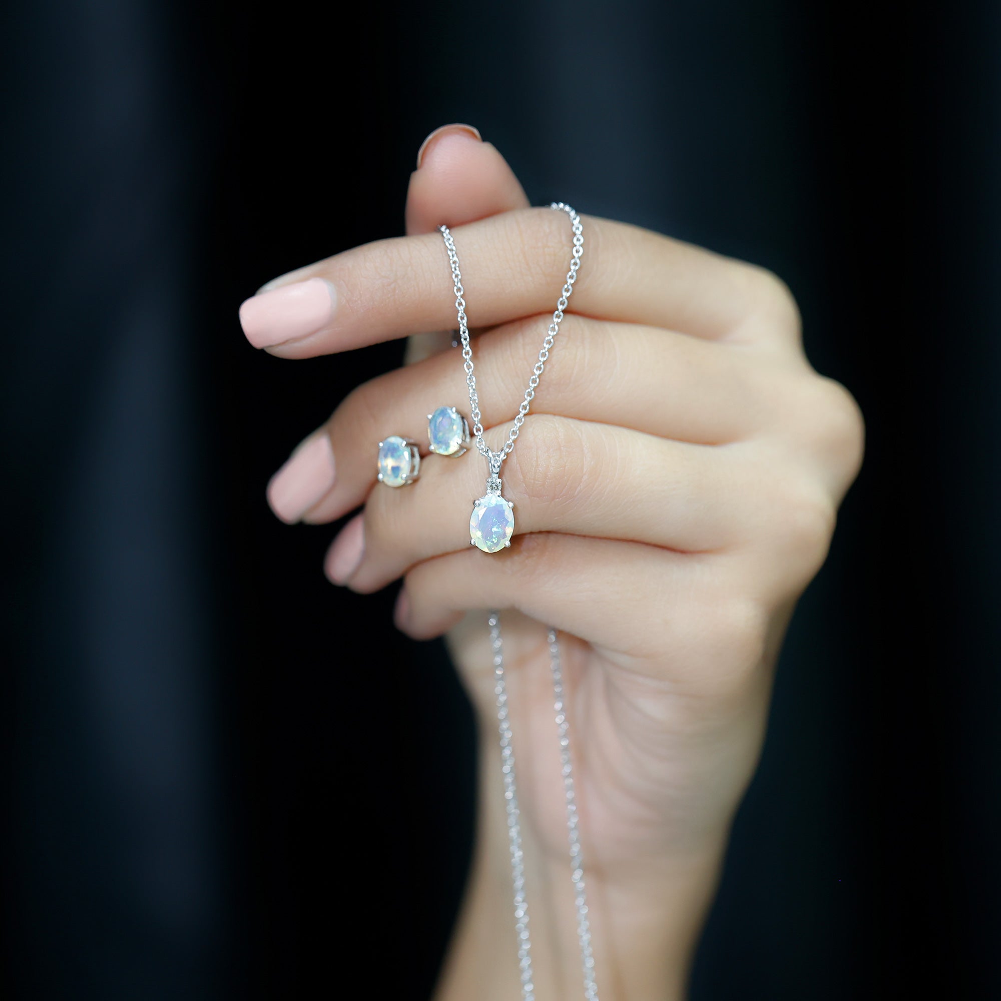 Real 3 Carat Oval Shaped Ethiopian Opal Solitaire Necklace Earrings Set with Diamond AAA - Rosec Jewels