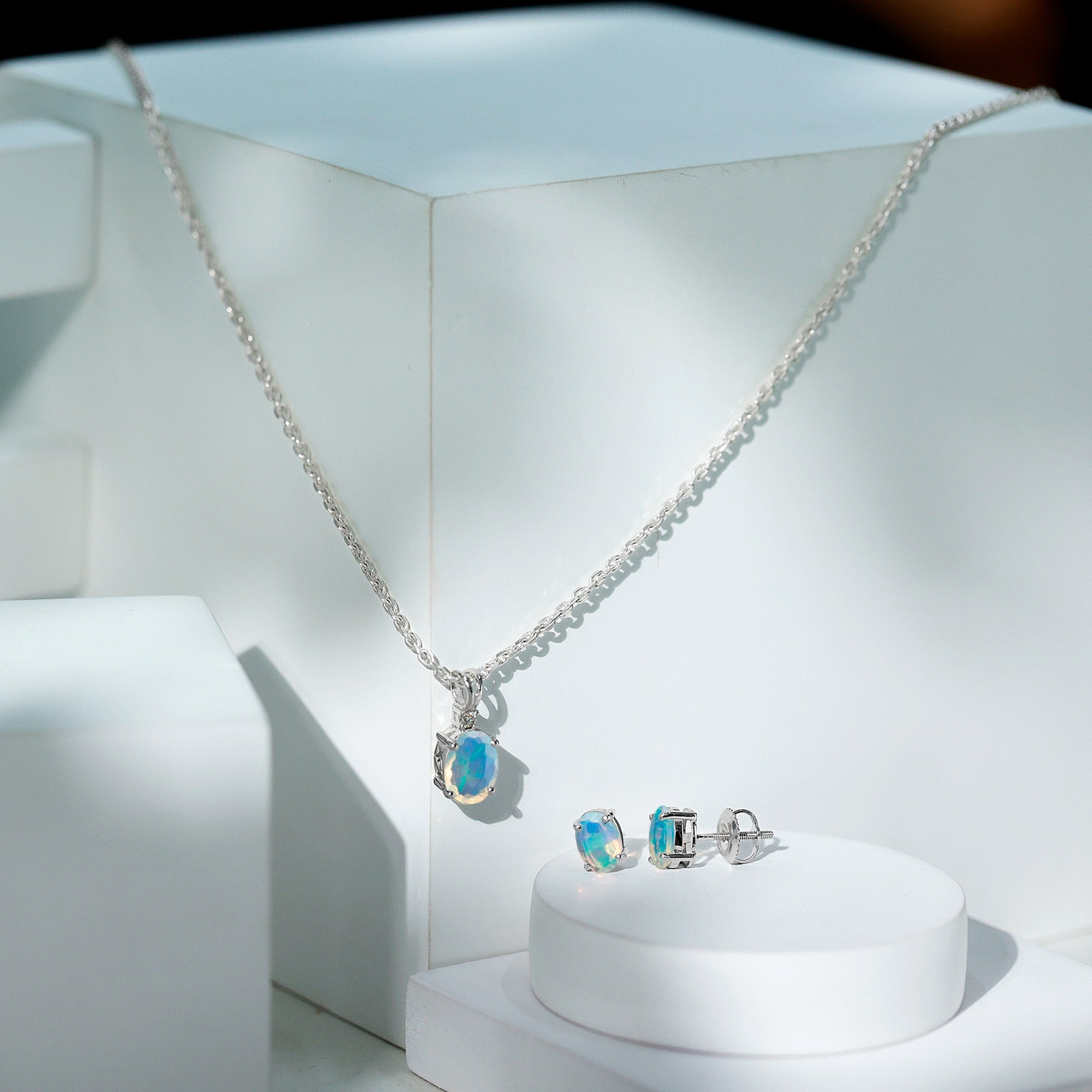 Real 3 Carat Oval Shaped Ethiopian Opal Solitaire Necklace Earrings Set with Diamond AAA - Rosec Jewels