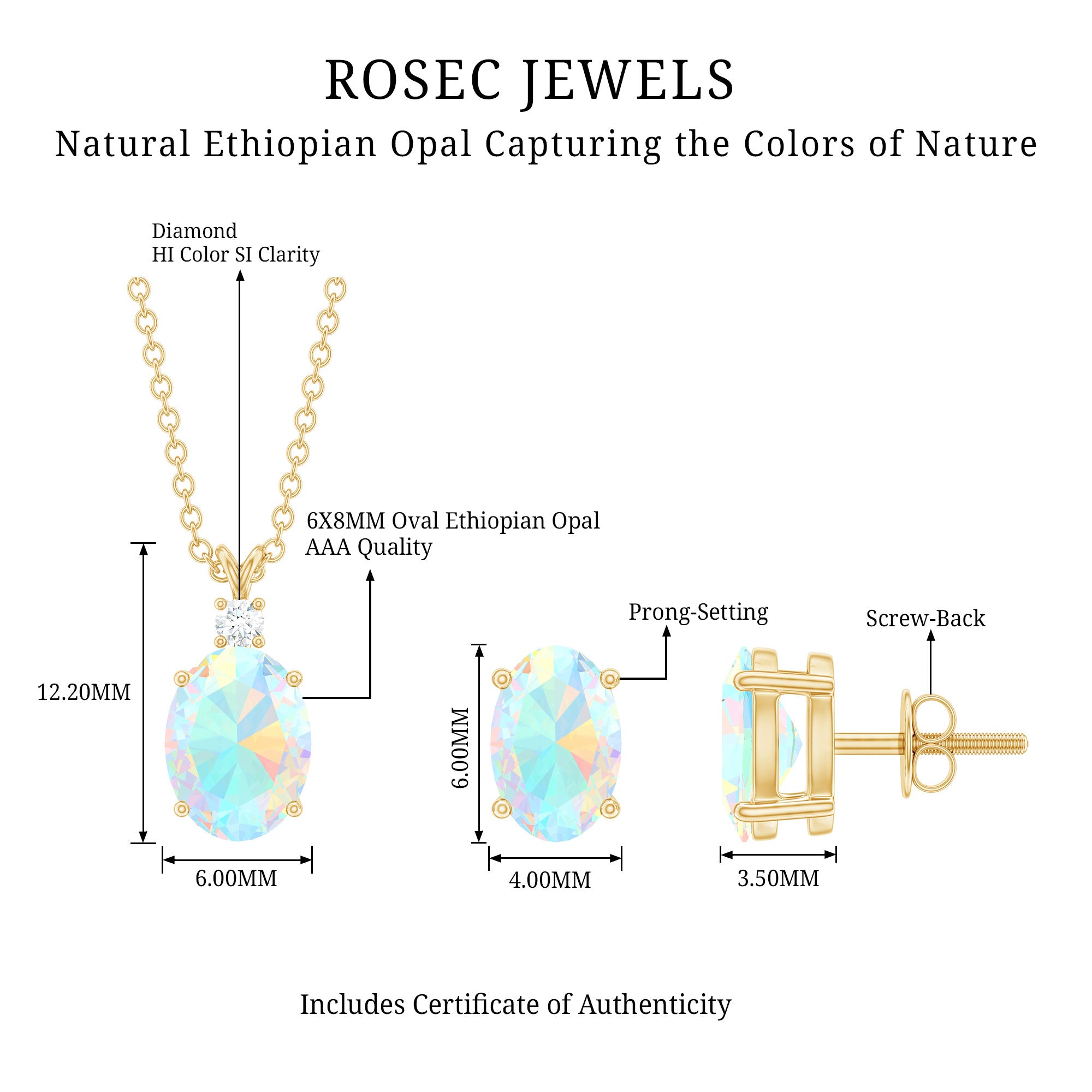 Real 3 Carat Oval Shaped Ethiopian Opal Solitaire Necklace Earrings Set with Diamond AAA - Rosec Jewels