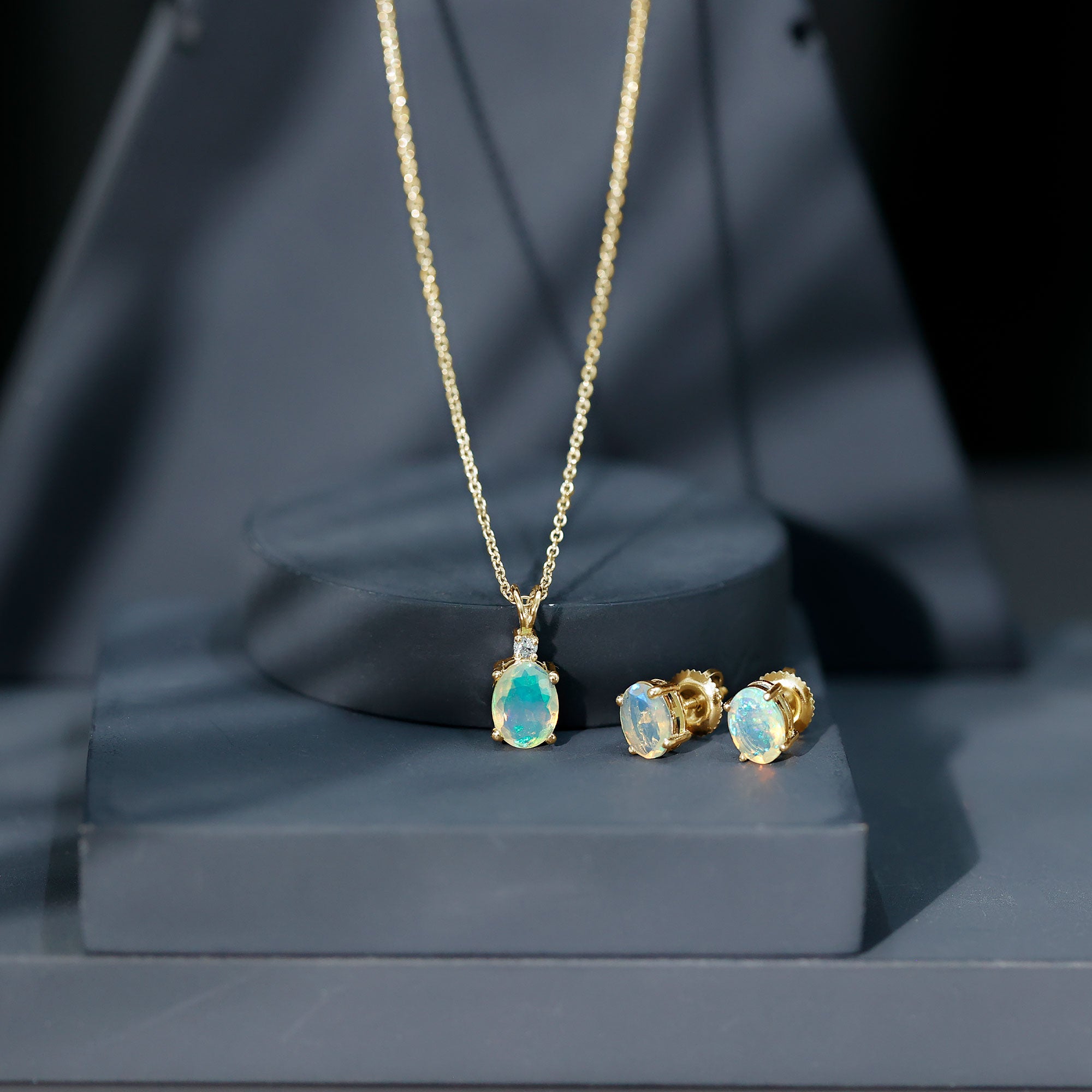 Real 3 Carat Oval Shaped Ethiopian Opal Solitaire Necklace Earrings Set with Diamond AAA - Rosec Jewels