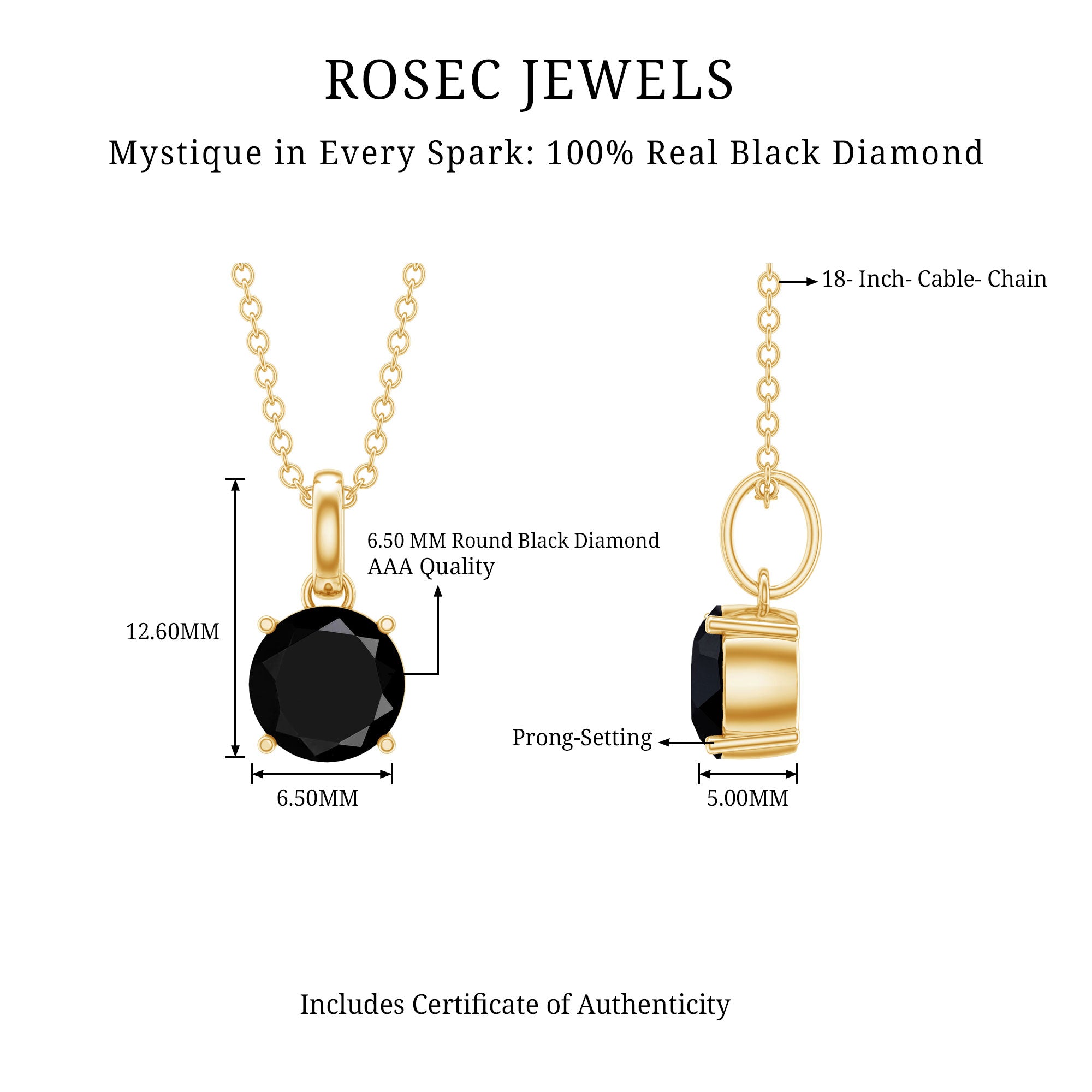Natural 1.45 Carat Black Diamond Solitaire Necklace with Silver Chain AAA 14K Yellow Gold Plated Silver - Rosec Jewels