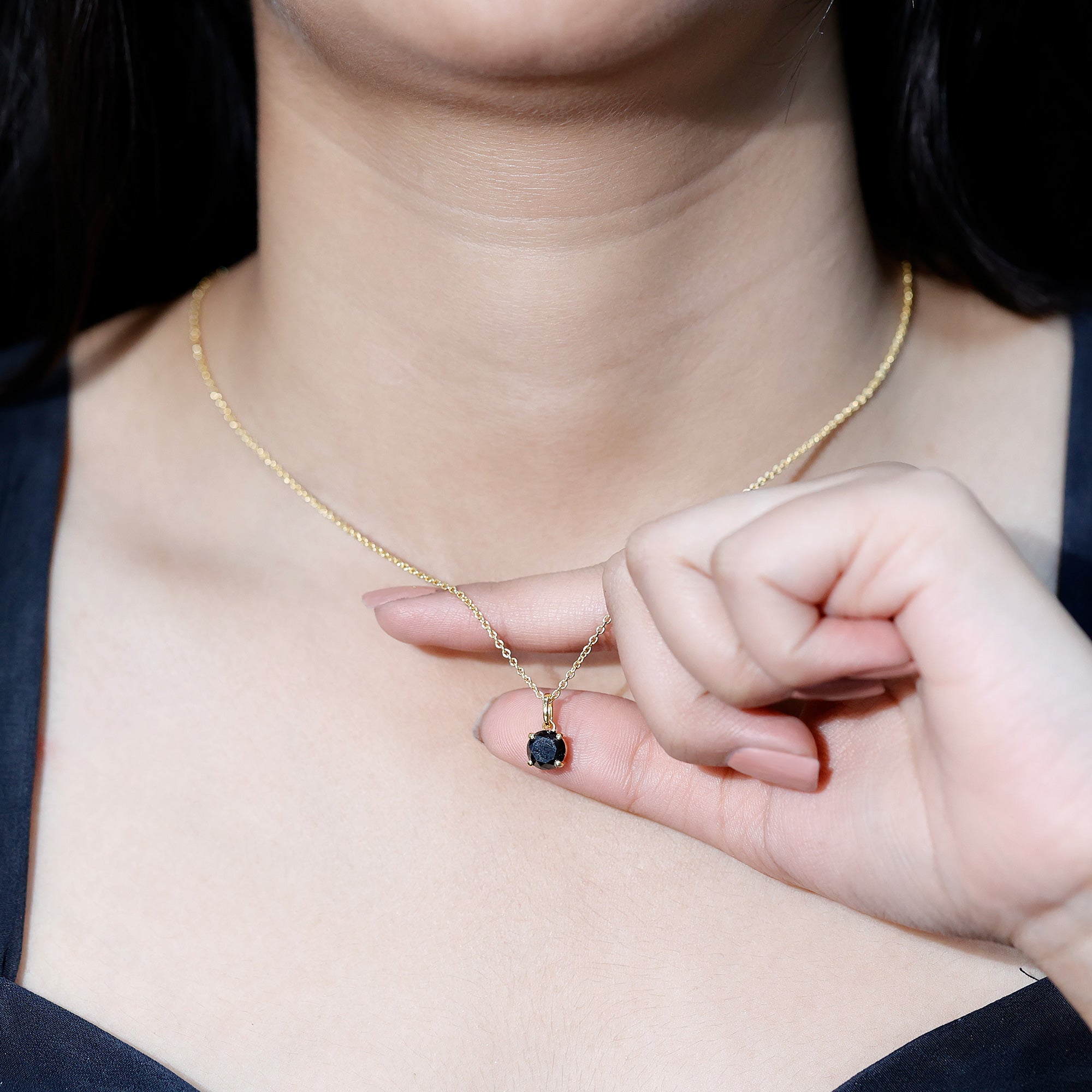 Natural 1.45 Carat Black Diamond Solitaire Necklace with Silver Chain AAA 14K Yellow Gold Plated Silver - Rosec Jewels
