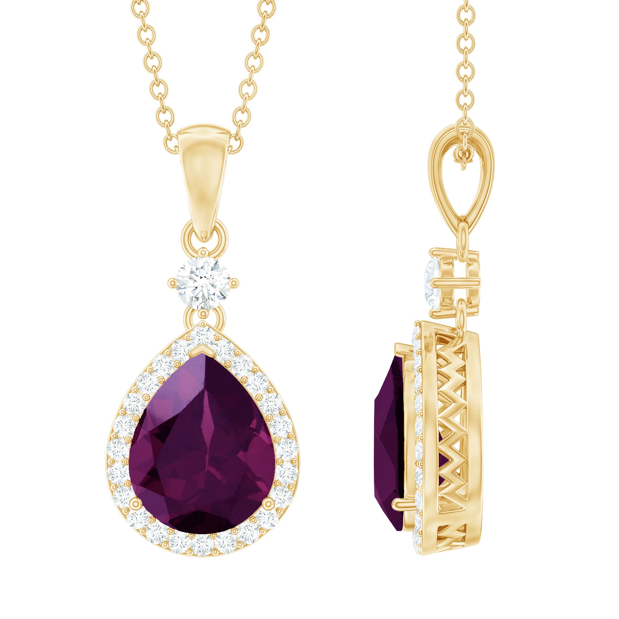 3.25 Carat Rhodolite Teardrop Necklace with Diamond Halo AAA 14K Yellow Gold Plated Silver - Rosec Jewels